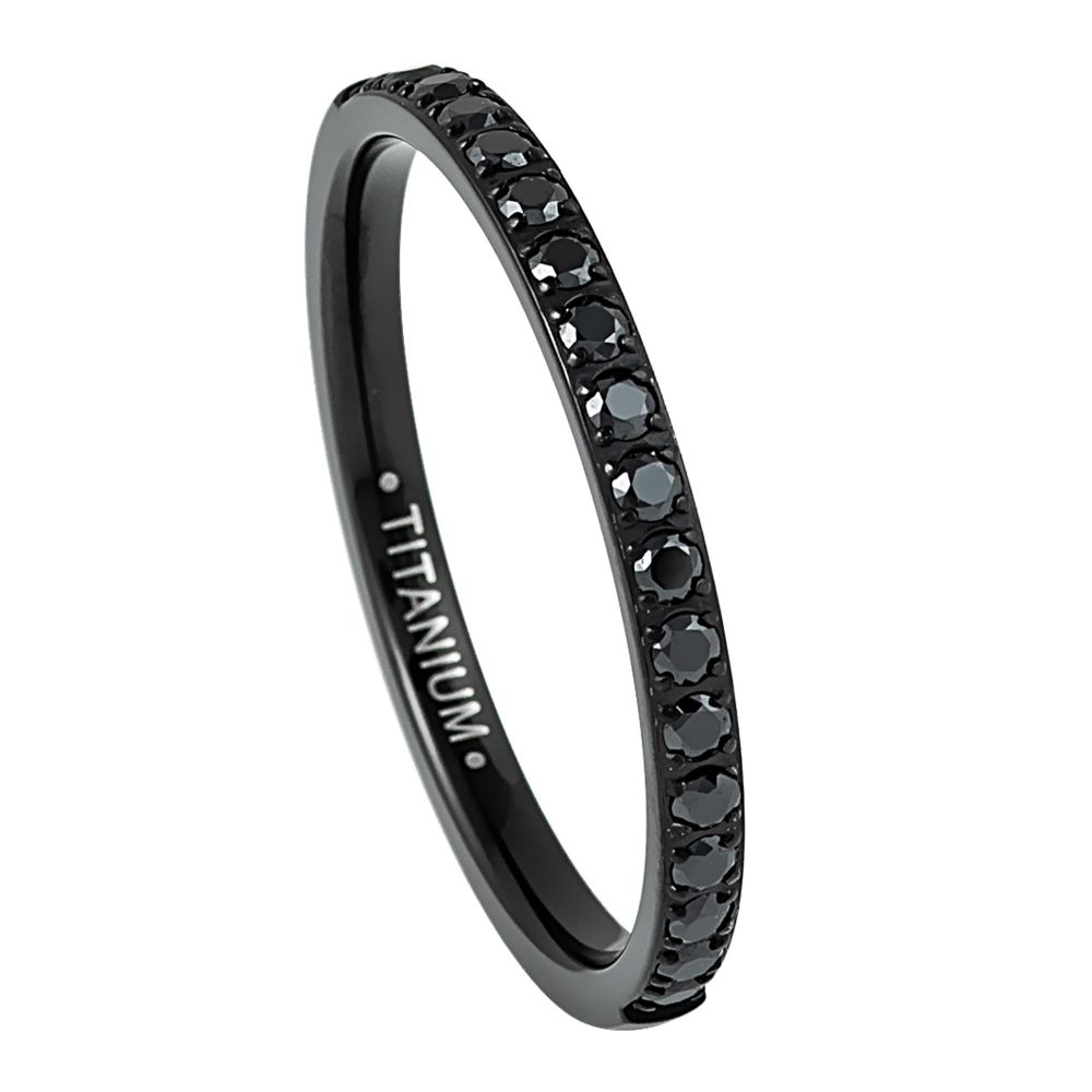 Black Titanium Ring Half Eternity White Cubic Zircon Diamonds 2mm