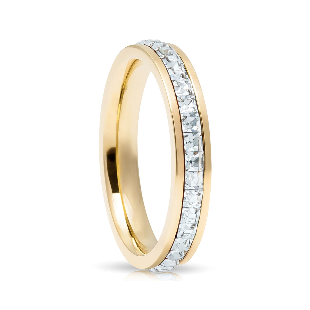 Gold Titanium Ring Eternity Princess Cut Cubic Zircon Diamonds 4mm