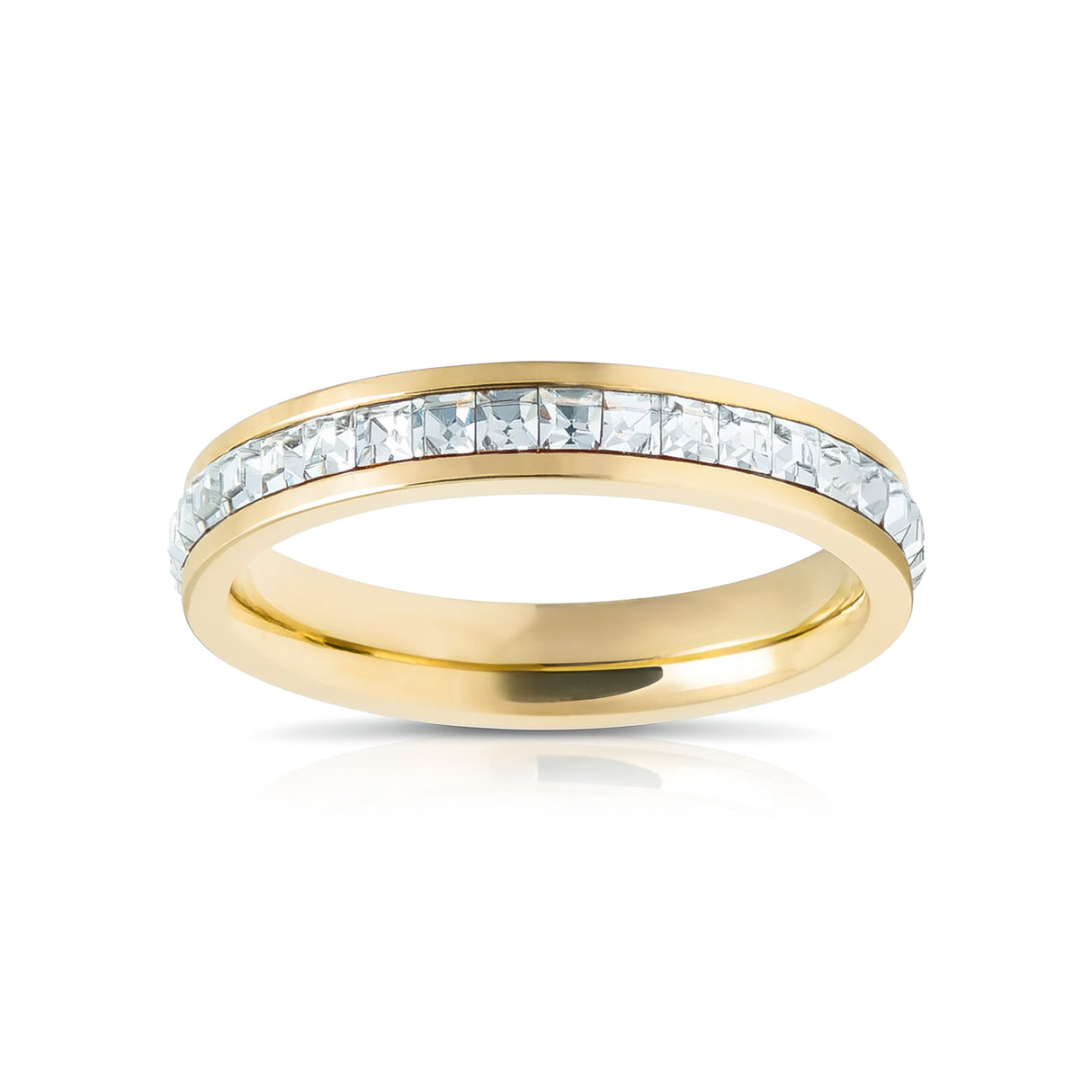 Gold Titanium Ring Eternity Princess Cut Cubic Zircon Diamonds 4mm