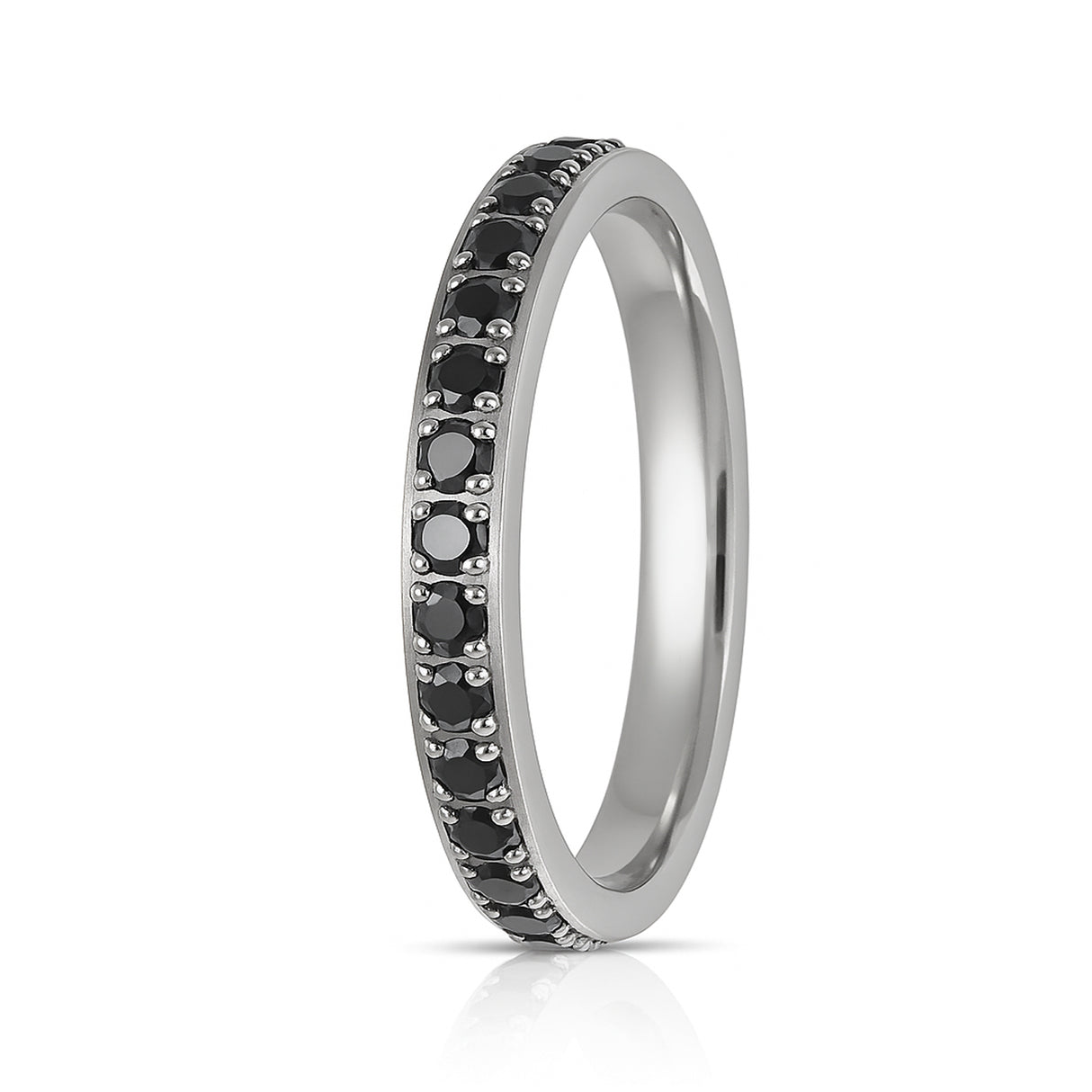 Silver Titanium Ring Full Eternity Black Cubic Zircon Diamonds 3mm