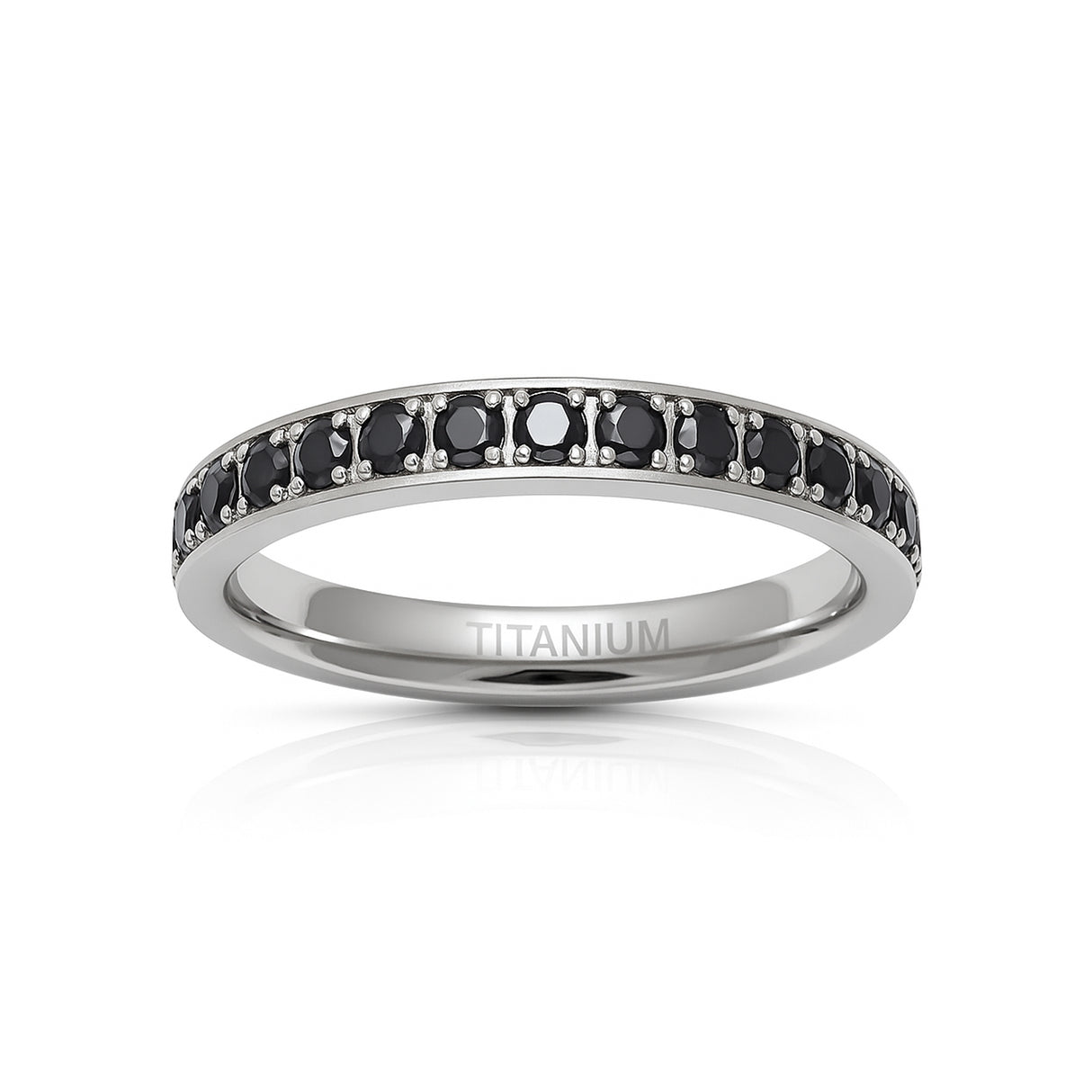 Silver Titanium Ring Full Eternity Black Cubic Zircon Diamonds 3mm