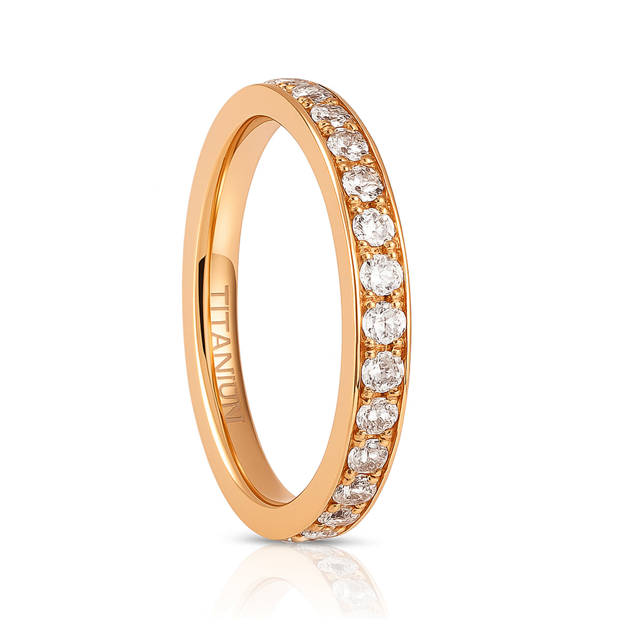Rose Gold Titanium Ring Full Eternity Cubic Zircon Diamonds 3mm