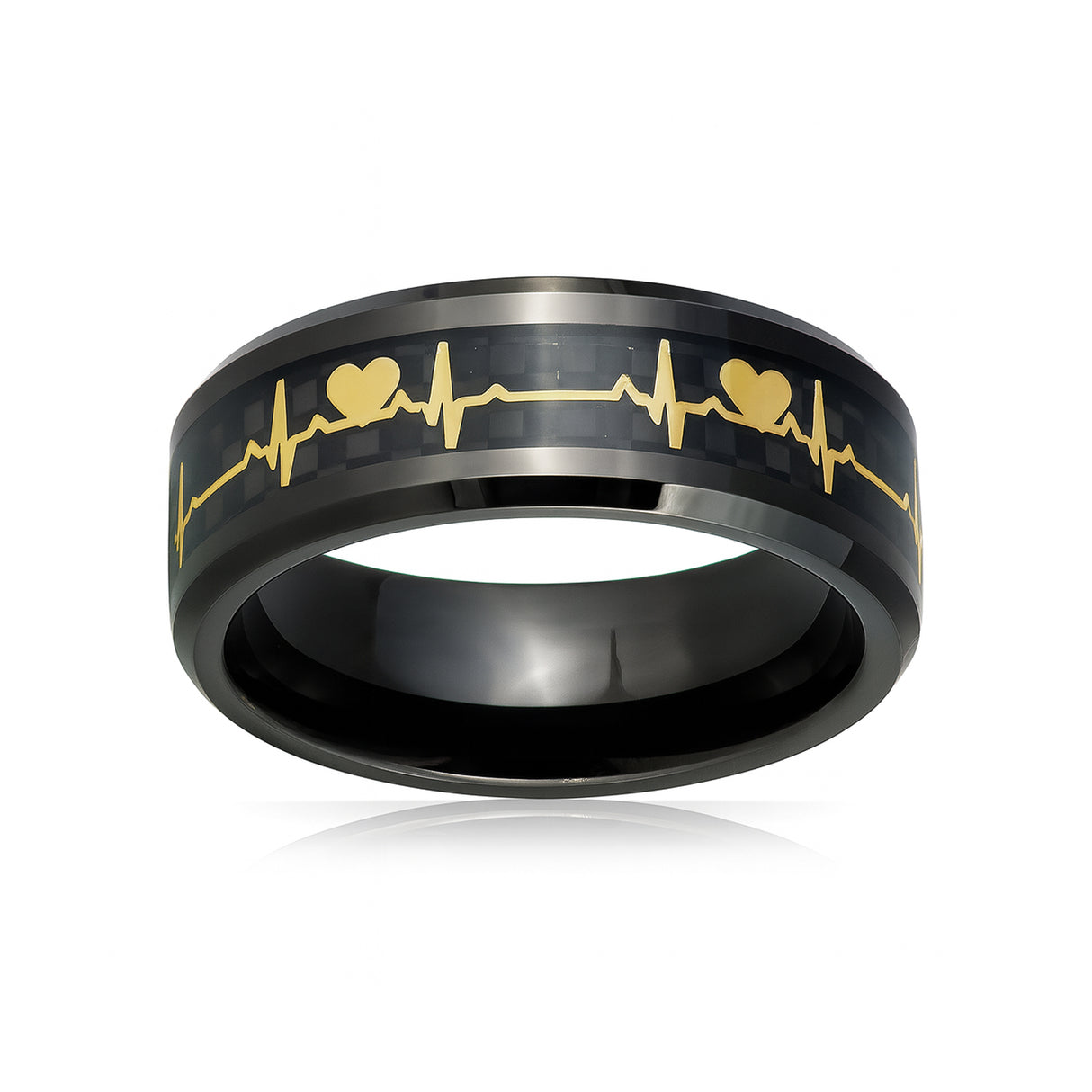 8mm Black Tungsten Wedding Ring W/ Carbon Fiber & 14k Gold EKG Inlay