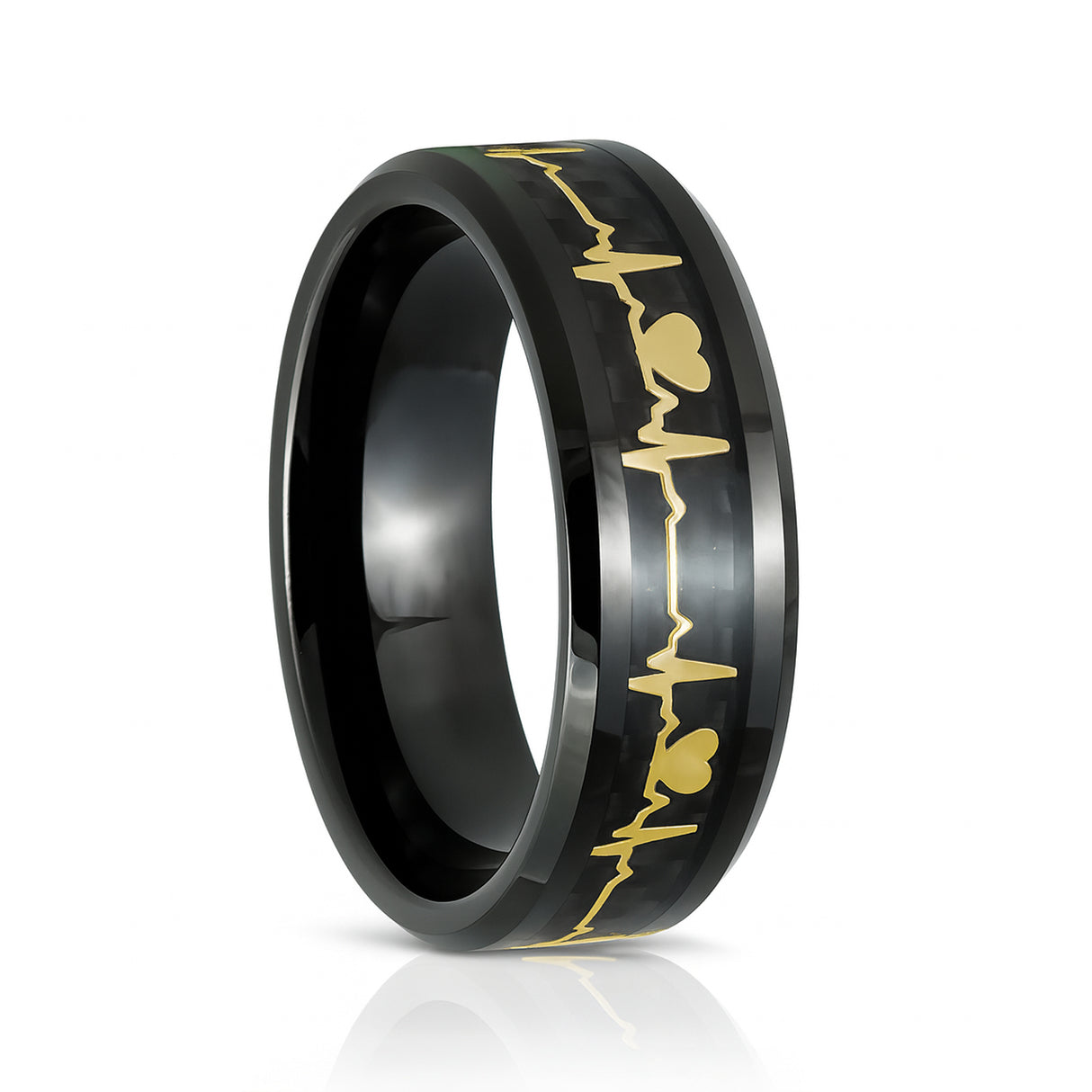 8mm Black Tungsten Wedding Ring W/ Carbon Fiber & 14k Gold EKG Inlay