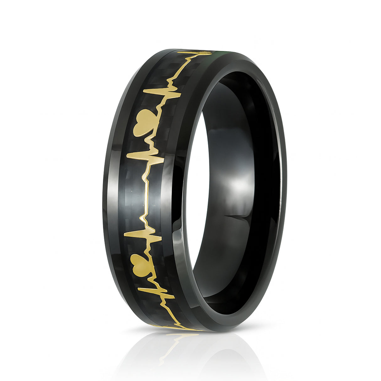 8mm Black Tungsten Wedding Ring W/ Carbon Fiber & 14k Gold EKG Inlay