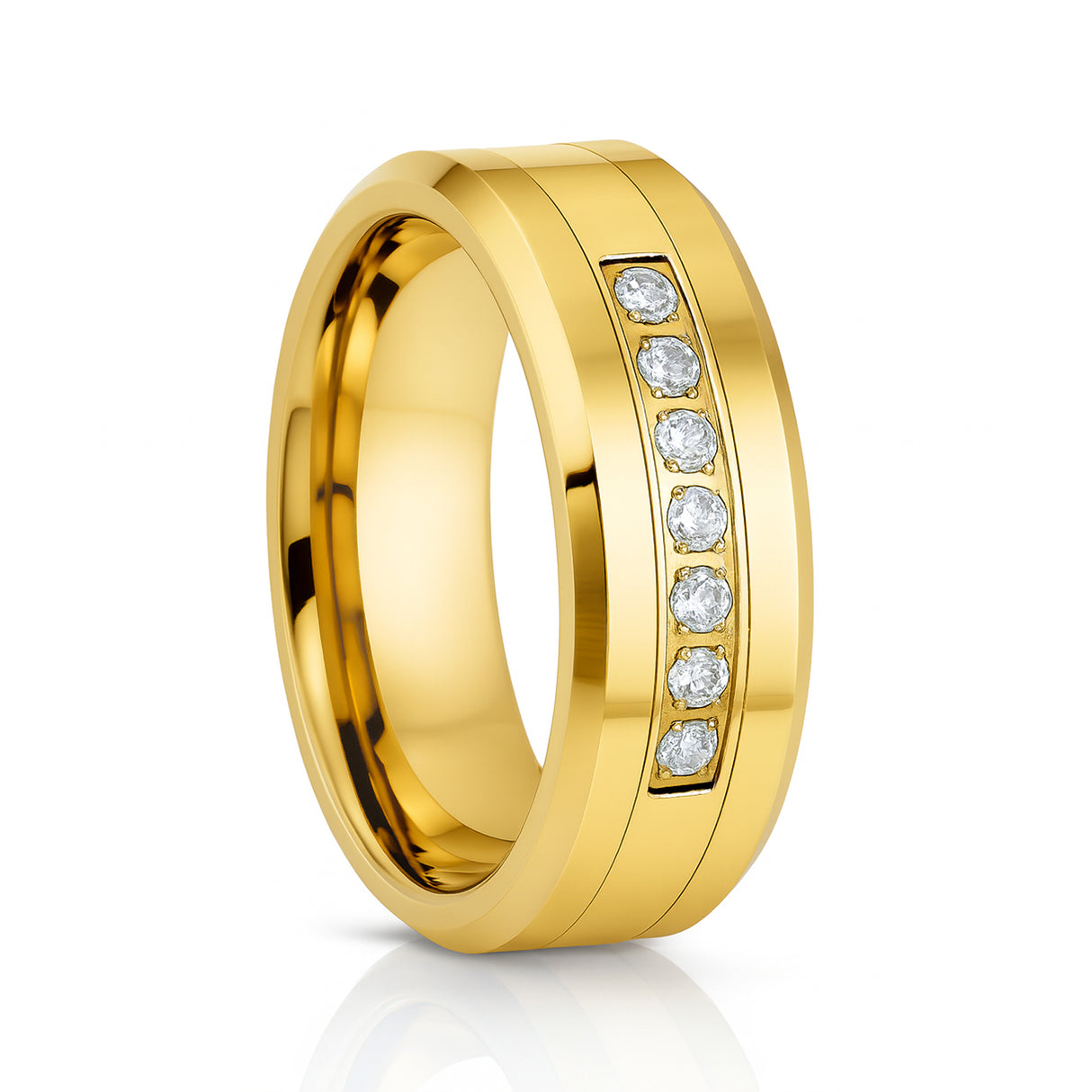 8mm High Polished Gold Tungsten Carbide Wedding Ring W/ 7 CZ Diamonds