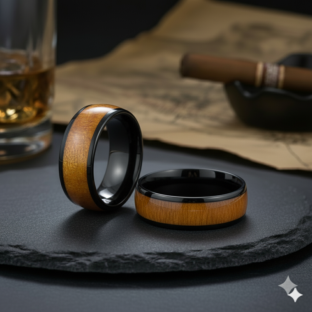 8mm Black Tungsten Carbide Wedding Ring W/ Caramel Fawn Stain Dyed Wood