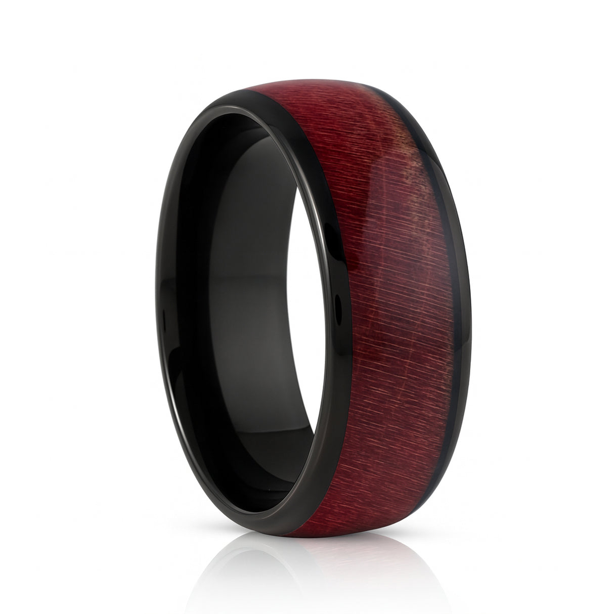 8mm Black Tungsten Carbide Wedding Ring W/ Burgundy Hue Dyed Wood