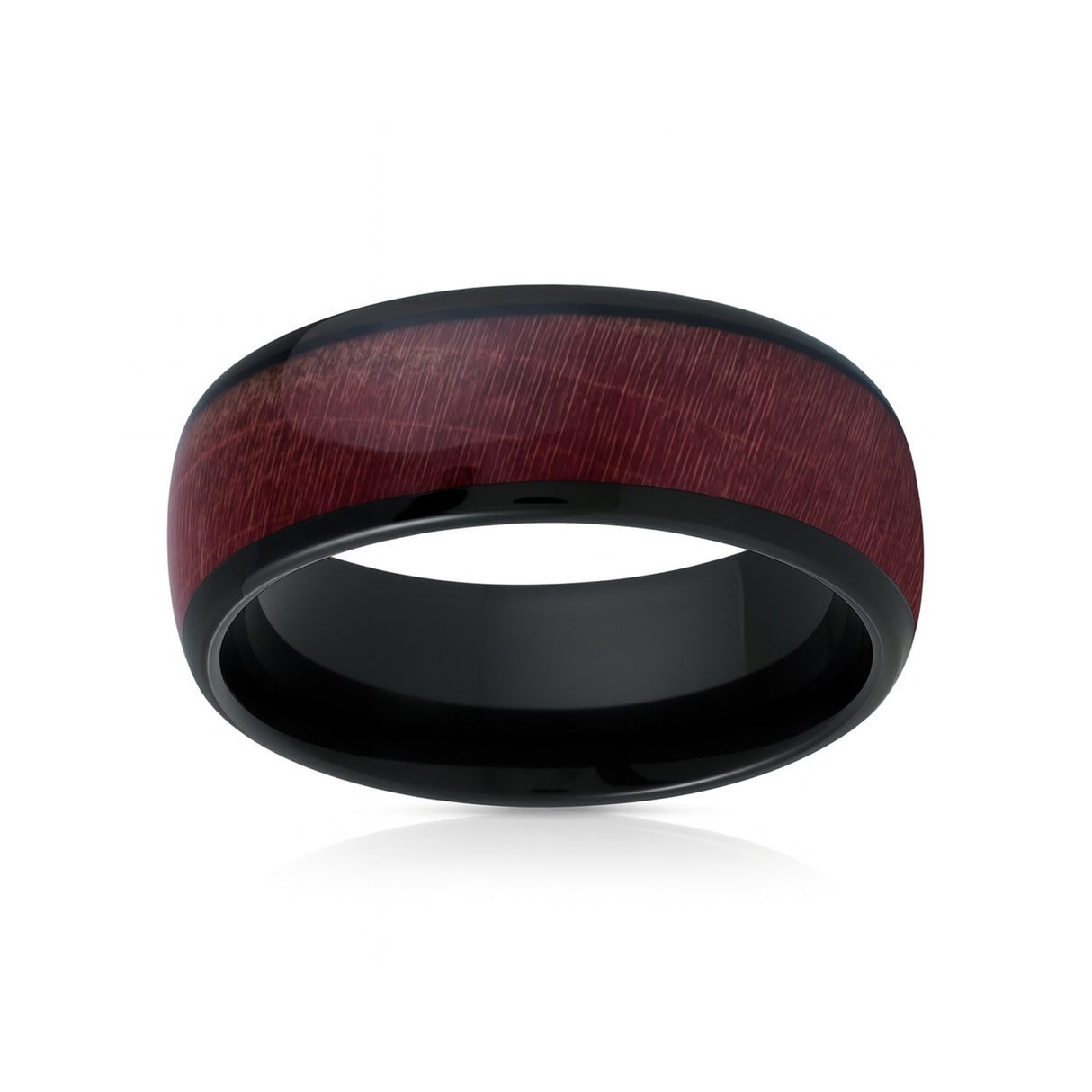 8mm Black Tungsten Carbide Wedding Ring W/ Burgundy Hue Dyed Wood