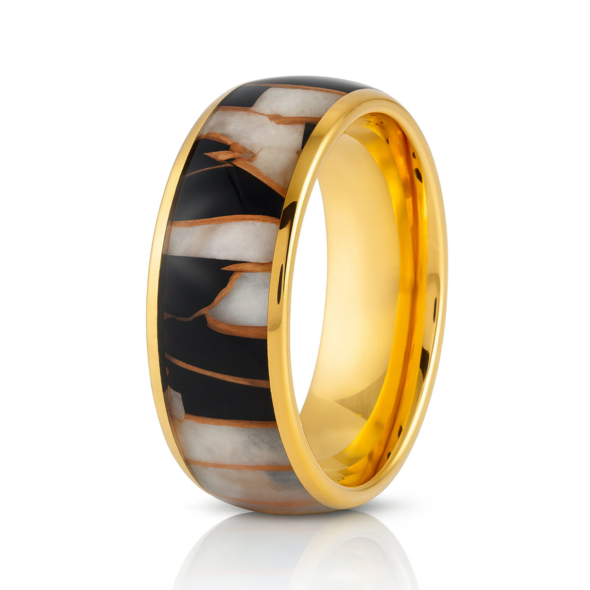 8mm Yellow Gold Tungsten Wedding Ring W/ Black Resin & Gold Shavings Inlay