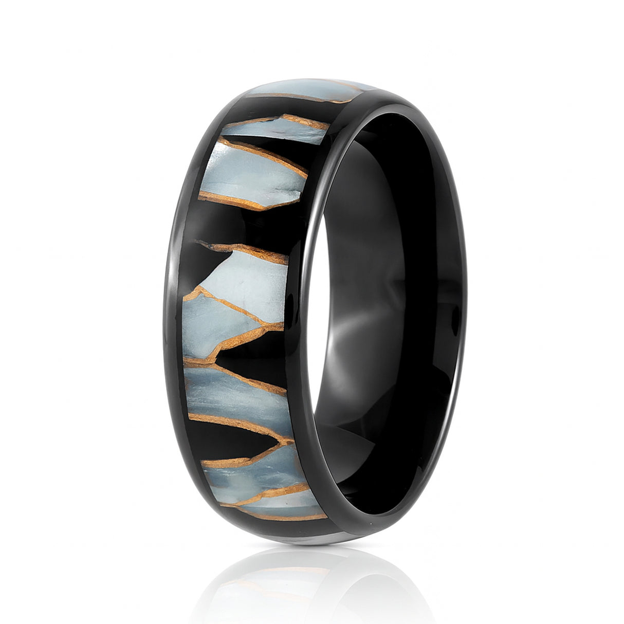8mm Black Tungsten Wedding Ring W/ Black Resin & Gold Shavings Inlay