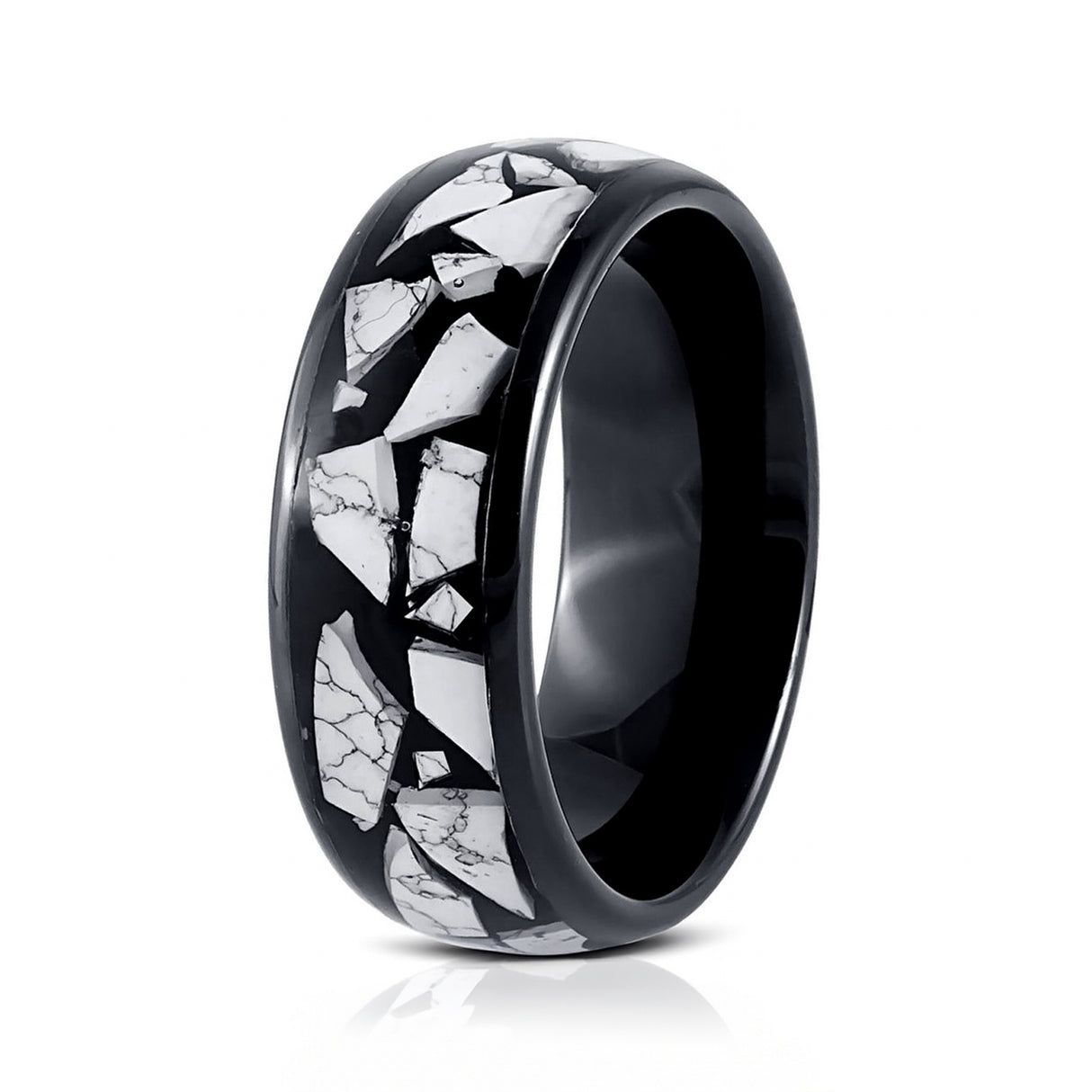 8mm Black Tungsten Carbide Wedding Ring W/ Turquoise Fragments Inlay