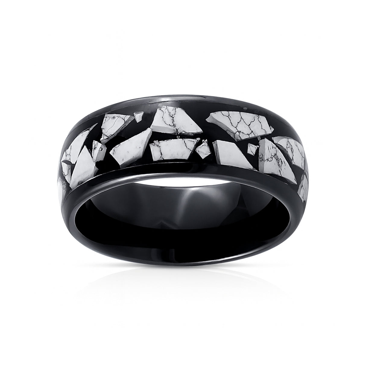 8mm Black Tungsten Carbide Wedding Ring W/ Turquoise Fragments Inlay