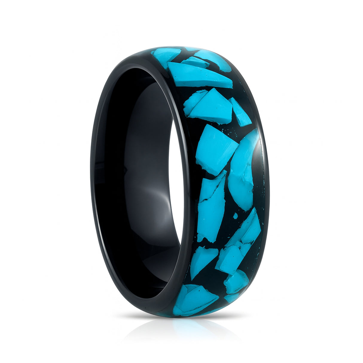 8mm Black Tungsten Carbide Wedding Ring W/ Blue Turquoise Fragments Inlay