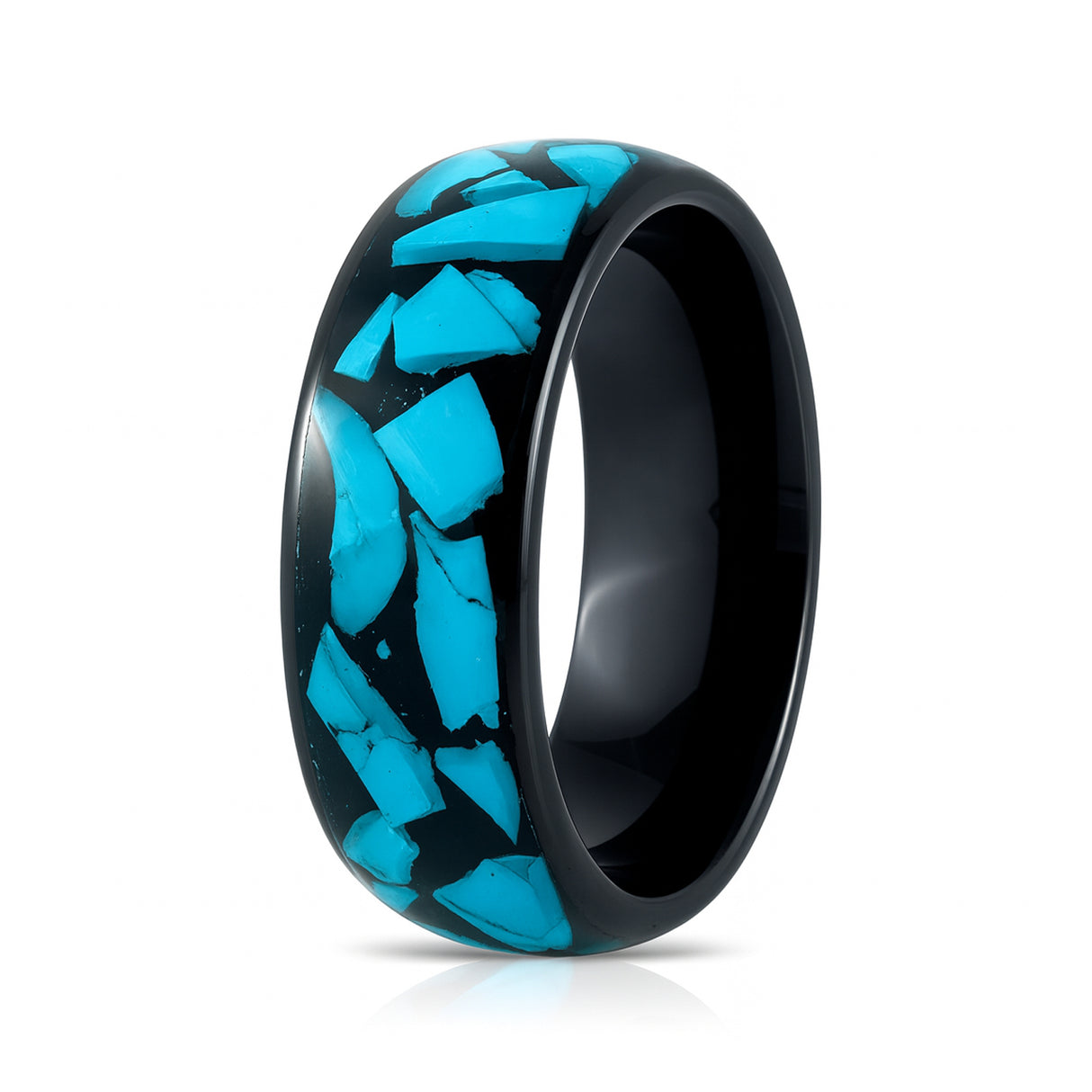 8mm Black Tungsten Carbide Wedding Ring W/ Blue Turquoise Fragments Inlay