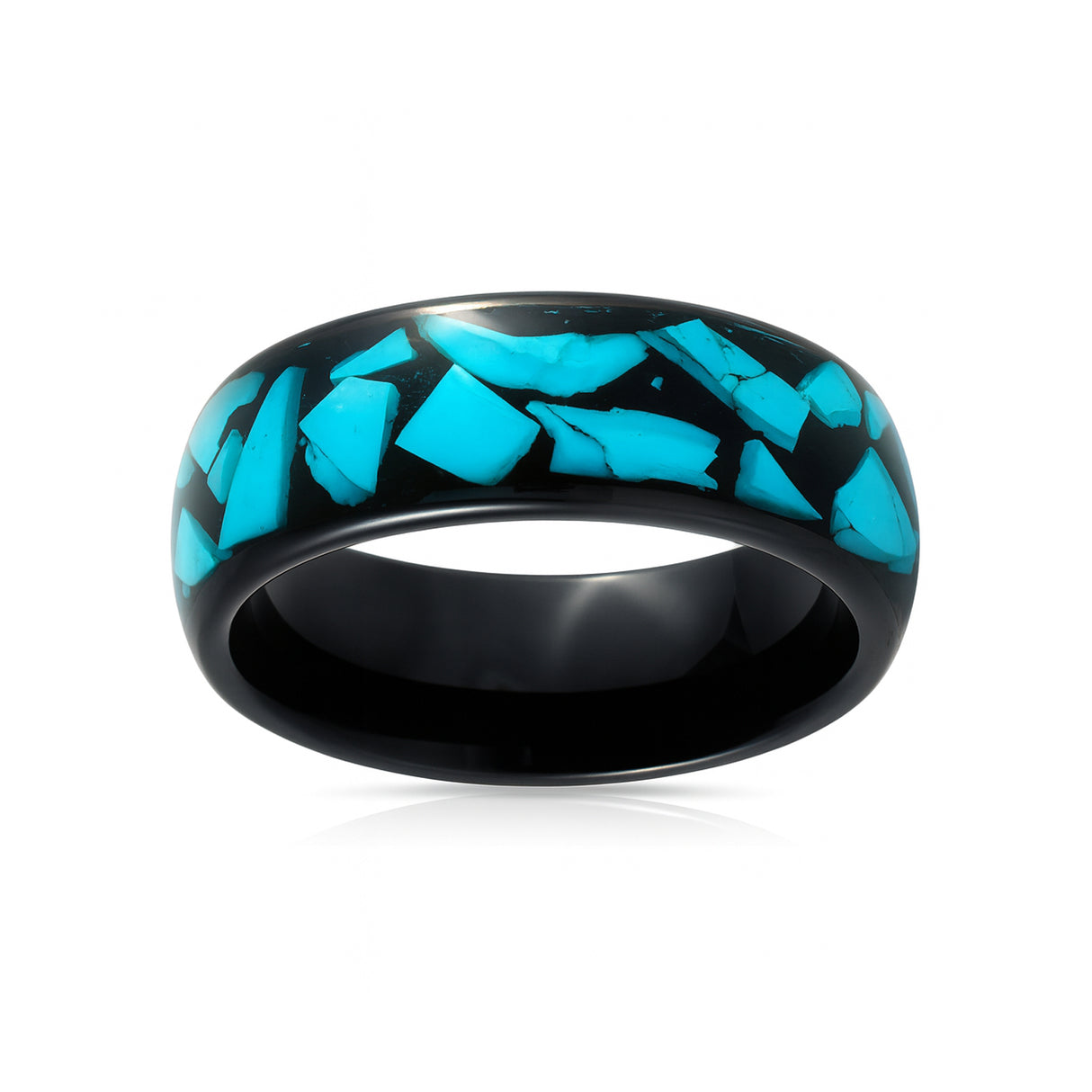 8mm Black Tungsten Carbide Wedding Ring W/ Blue Turquoise Fragments Inlay