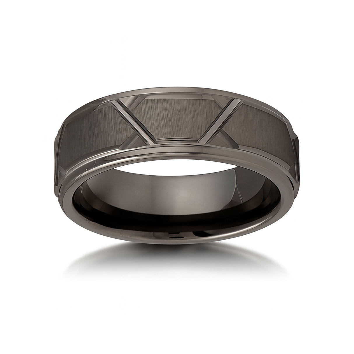 8mm Gun Metal Tungsten Wedding Ring W/ Trapezoids & Stepped Edges