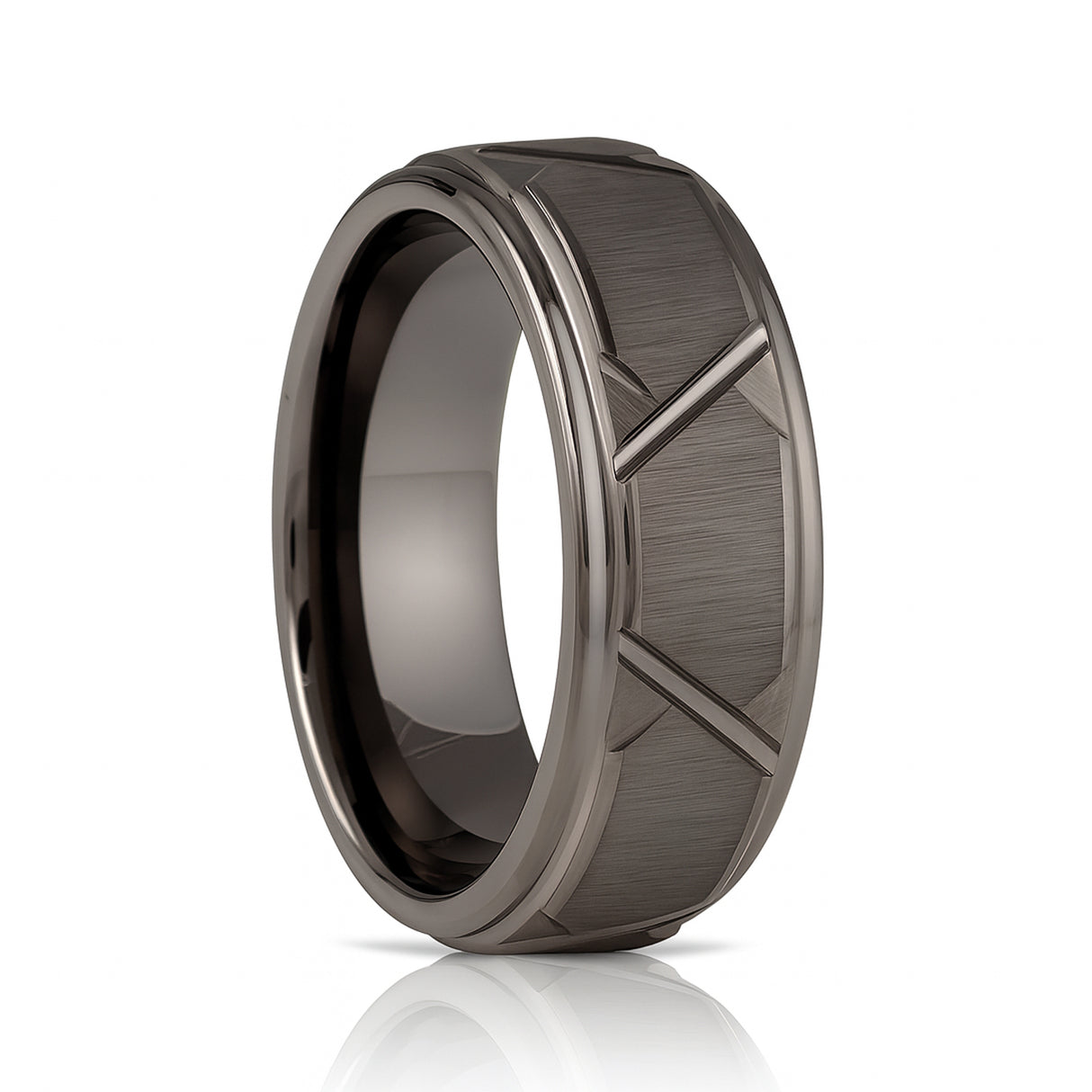 8mm Gun Metal Tungsten Wedding Ring W/ Trapezoids & Stepped Edges
