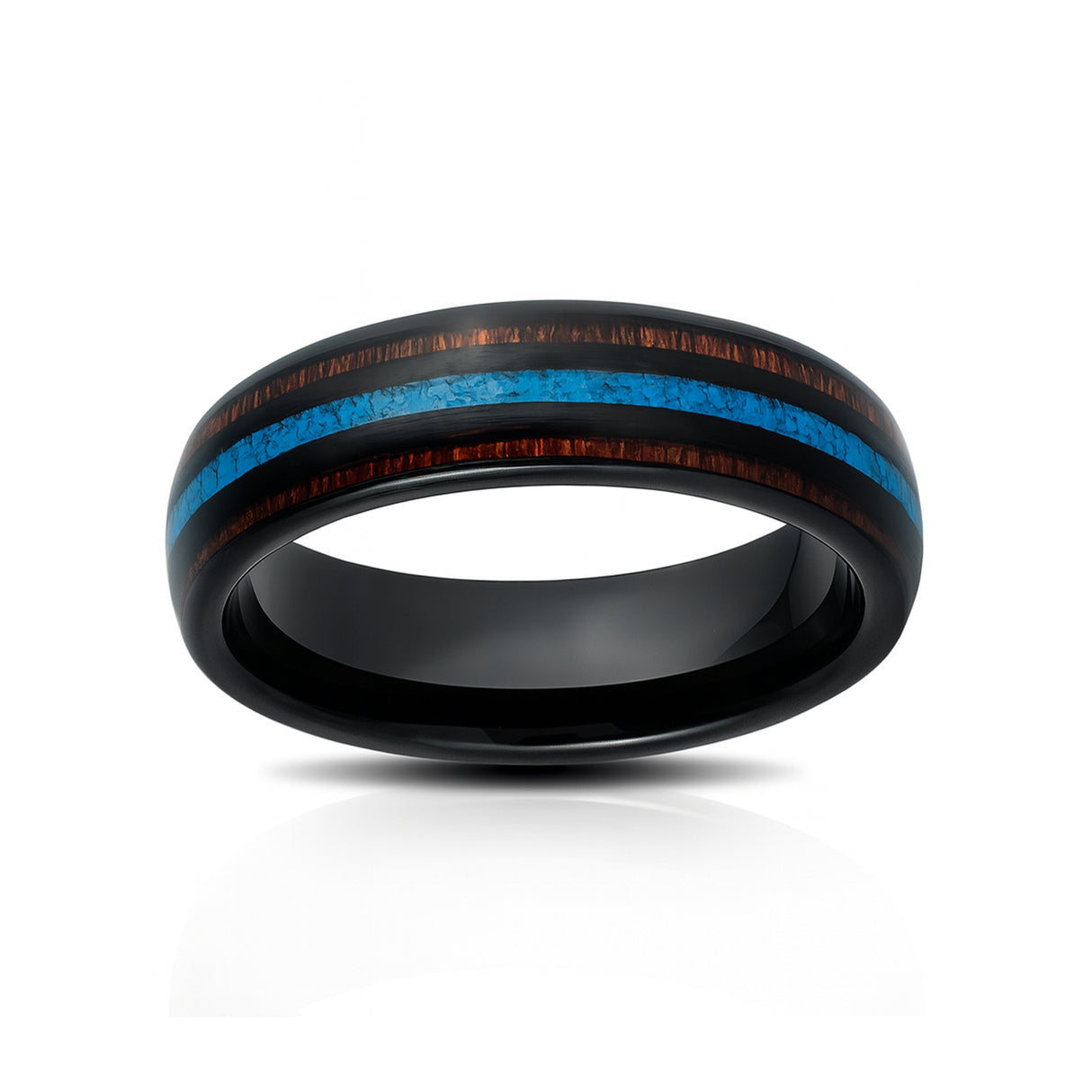 6mm Black Tungsten Wedding Ring W/ Koa Wood & Crushed Turquoise Inlay