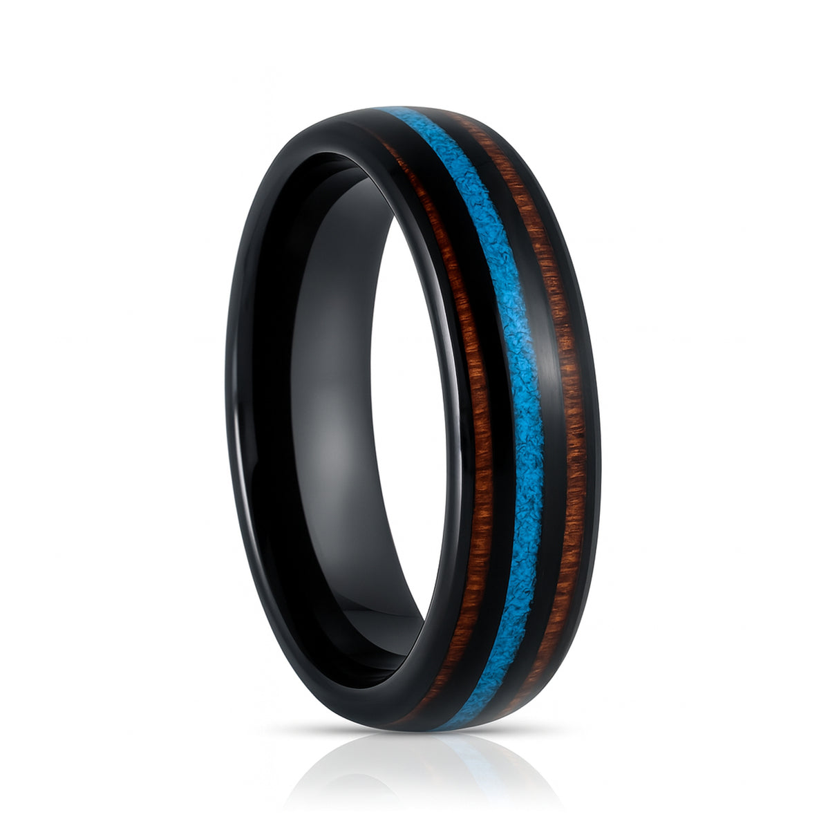 6mm Black Tungsten Wedding Ring W/ Koa Wood & Crushed Turquoise Inlay