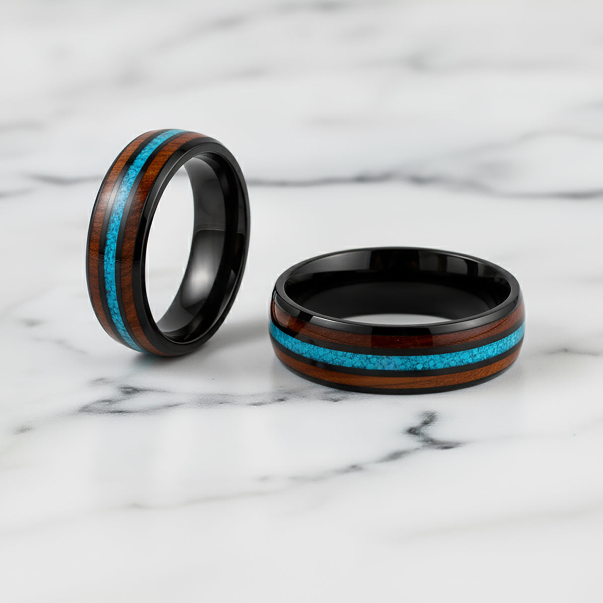 6mm Black Tungsten Wedding Ring W/ Koa Wood & Crushed Turquoise Inlay