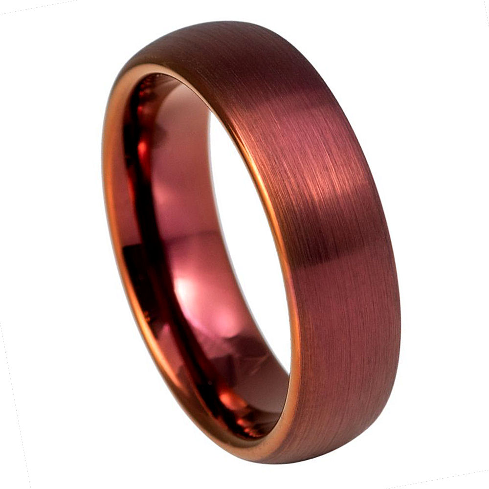 Red Wine Stain Tungsten Wedding Ring Dome Shape Brushed Center - 6mm