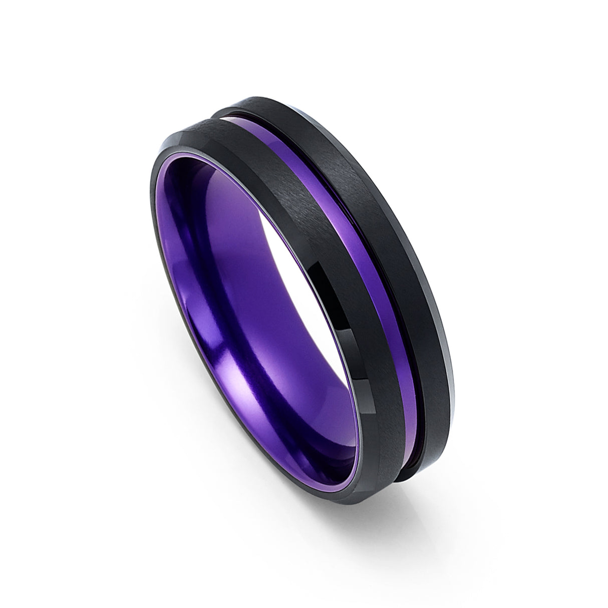 6mm - Black & Purple Groove Tungsten Wedding Band Beveled Edges