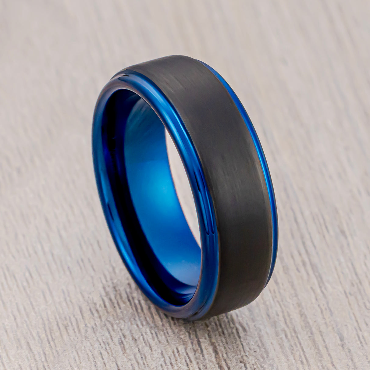 8mm Black & Blue Tungsten Ring Black Brushed Finished Stepped Edges