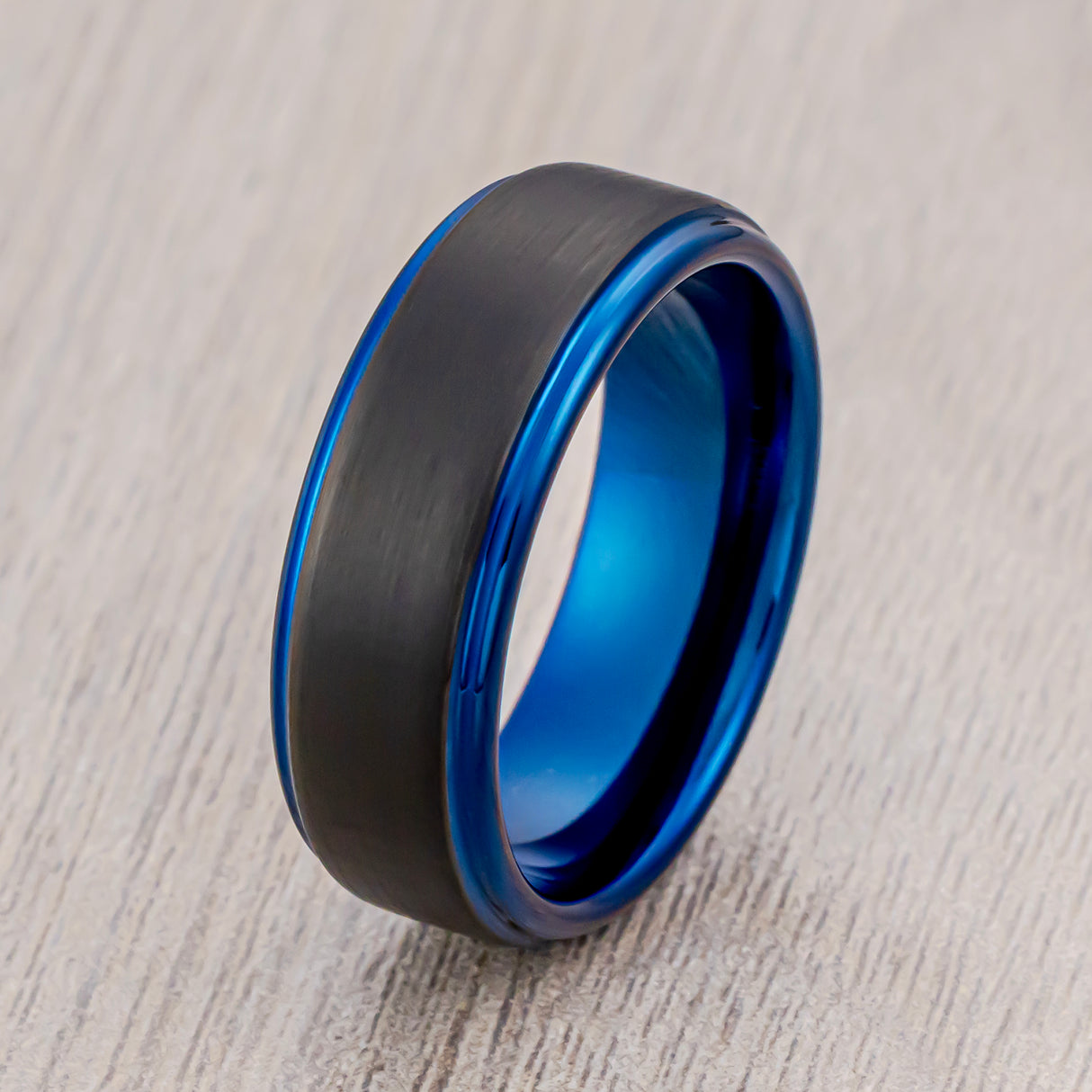 8mm Black & Blue Tungsten Ring Black Brushed Finished Stepped Edges
