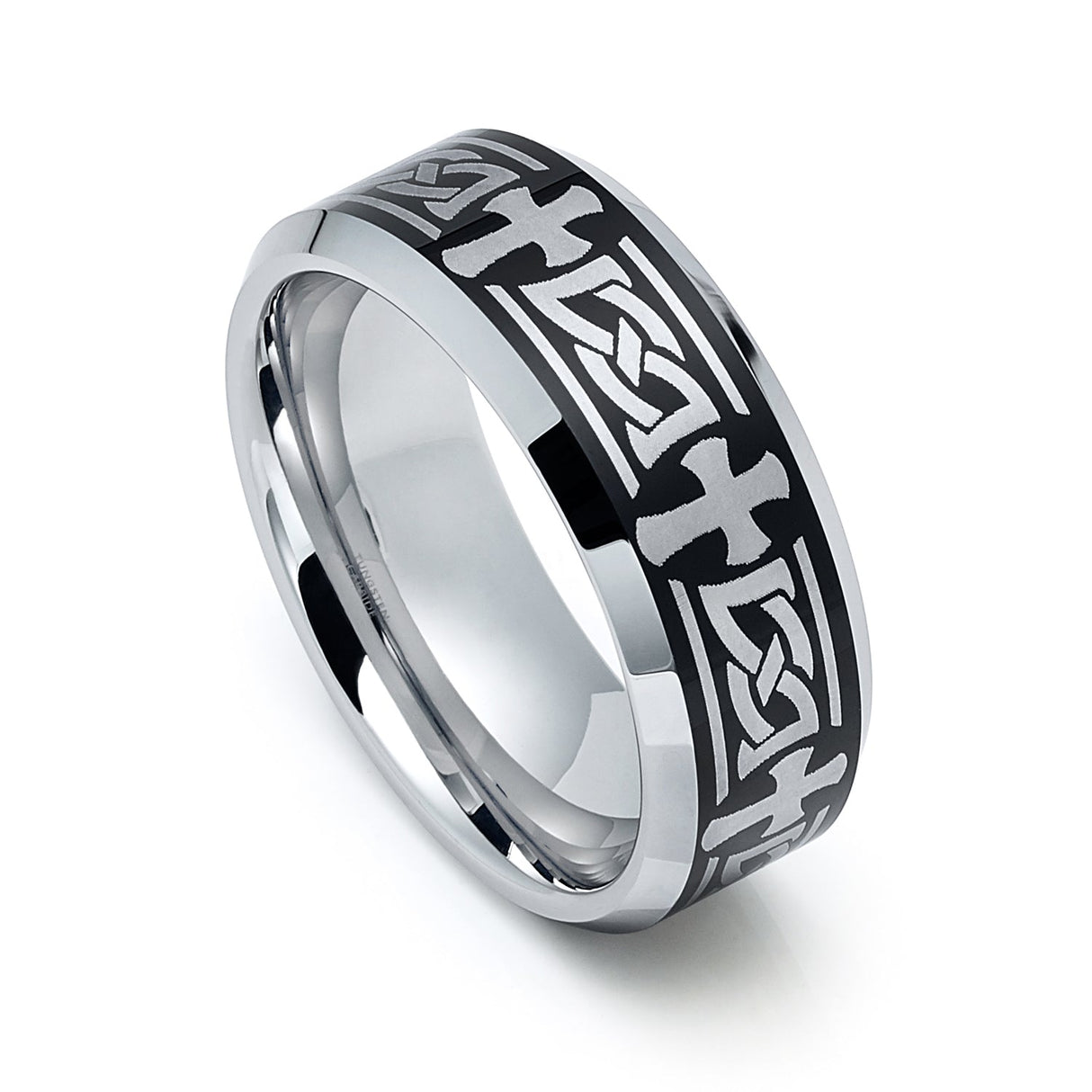 8mm Tungsten Celtic Cross Ring Beveled Edges