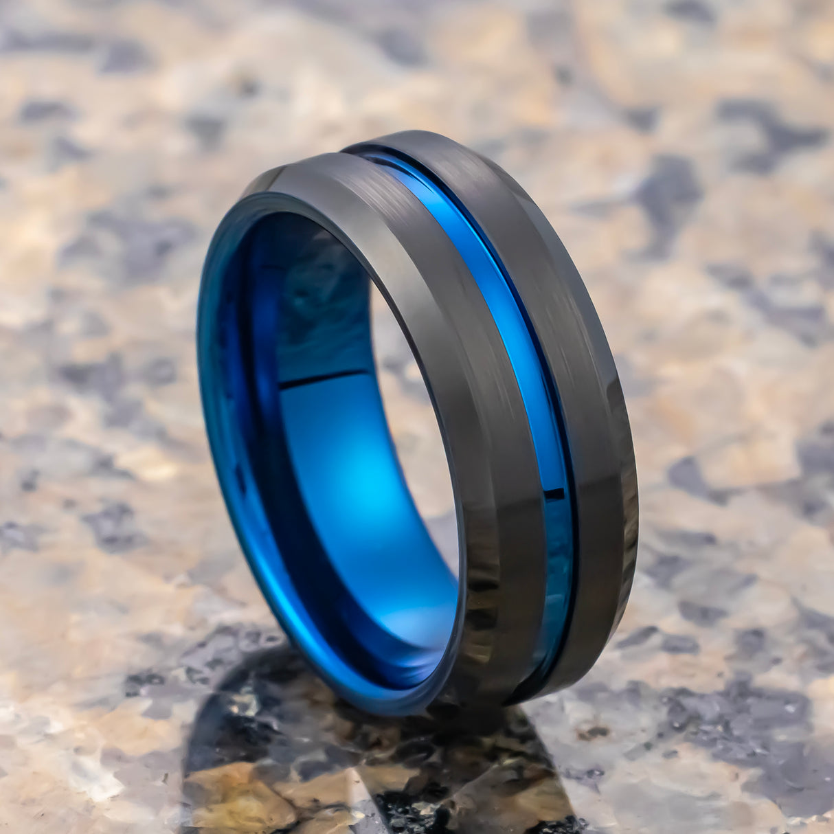 8mm Black & Blue Tungsten Carbide Ring Center Groove Brushed Finished