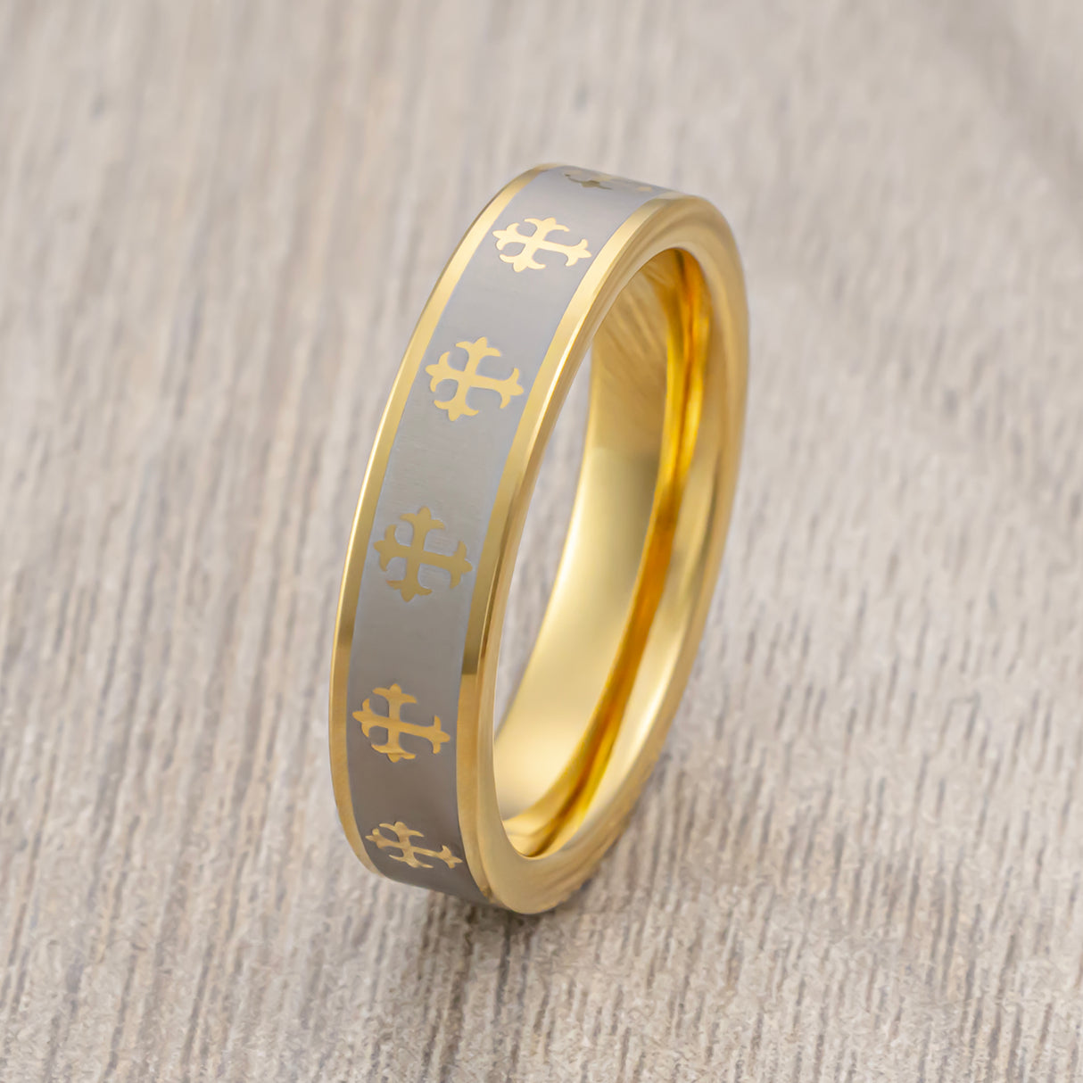 6mm Gold Tungsten Wedding Ring Laser Engraved Crosses Pipe Cut Ring