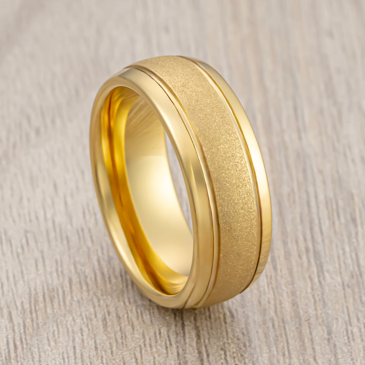 8mm Gold Tungsten Wedding Band Sandblasted Center With Double Groove Ring