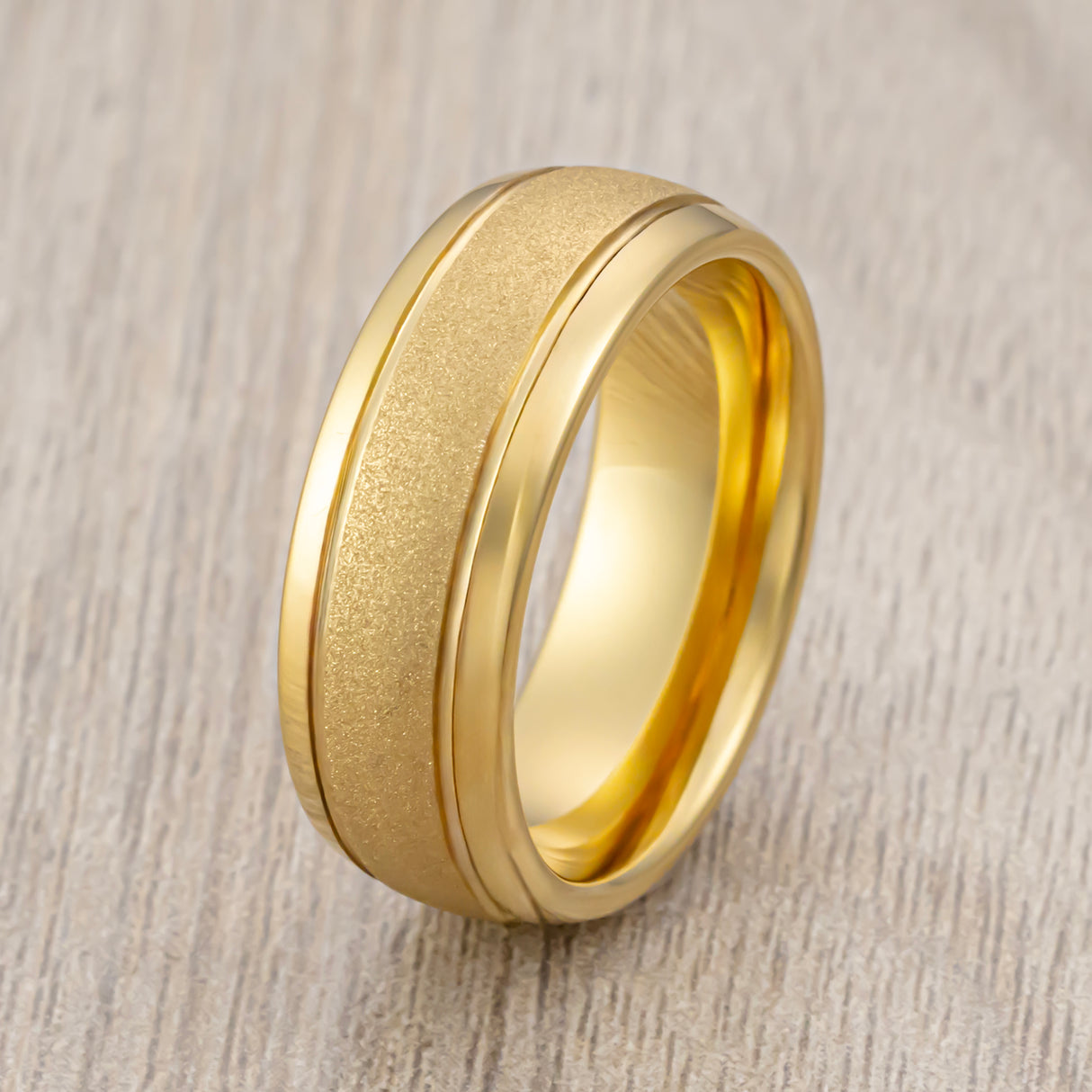 8mm Gold Tungsten Wedding Band Sandblasted Center With Double Groove Ring