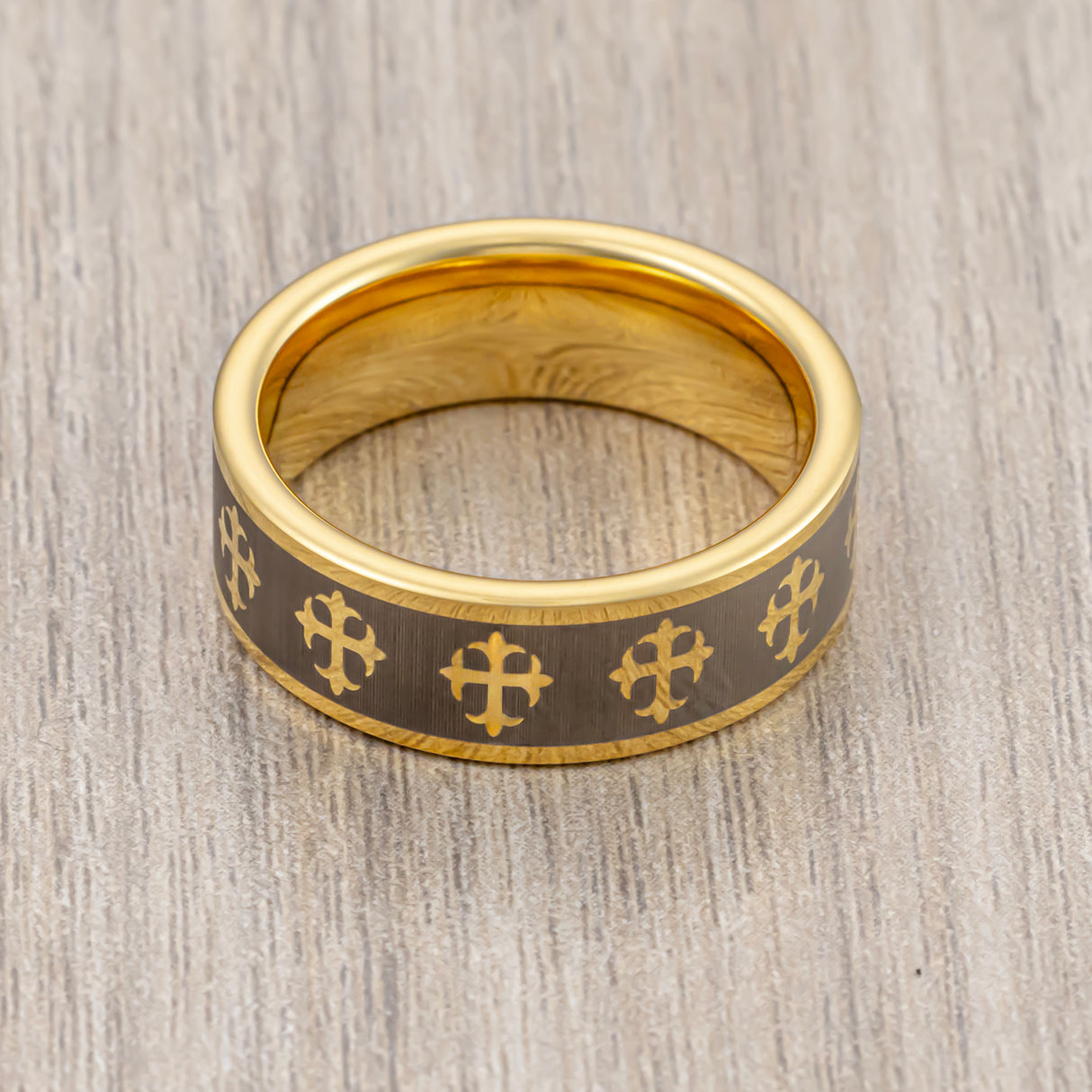 8mm Gold Tungsten Wedding Ring Laser Engraved Crosses Pipe Cut Ring
