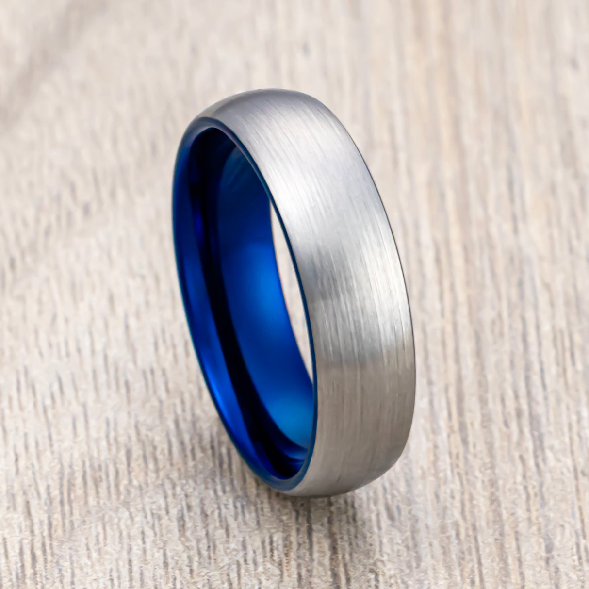6mm Blue Tungsten Carbide Wedding Ring with Brushed Finish, Dome Ring