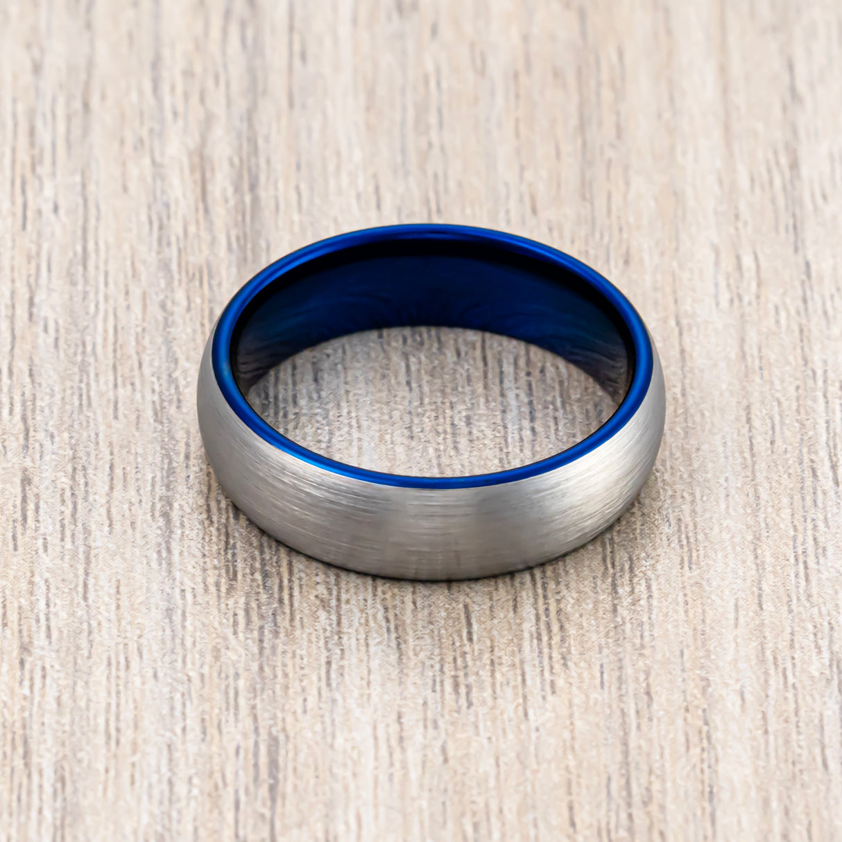 6mm Blue Tungsten Carbide Wedding Ring with Brushed Finish, Dome Ring