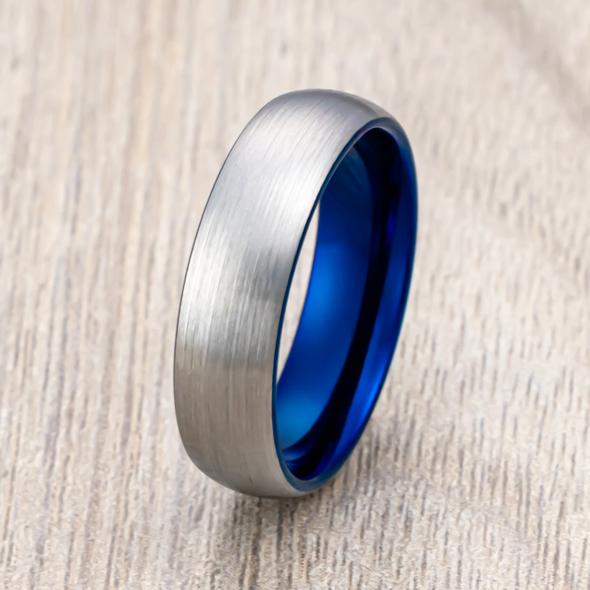 6mm Blue Tungsten Carbide Wedding Ring with Brushed Finish, Dome Ring