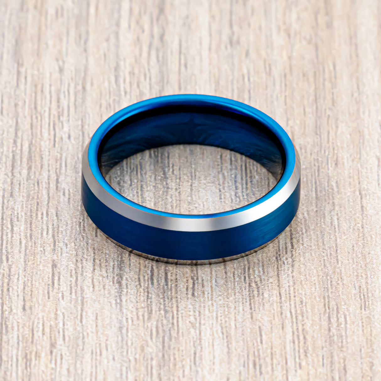 6mm Blue Brushed Tungsten Wedding Band with Polished Edges