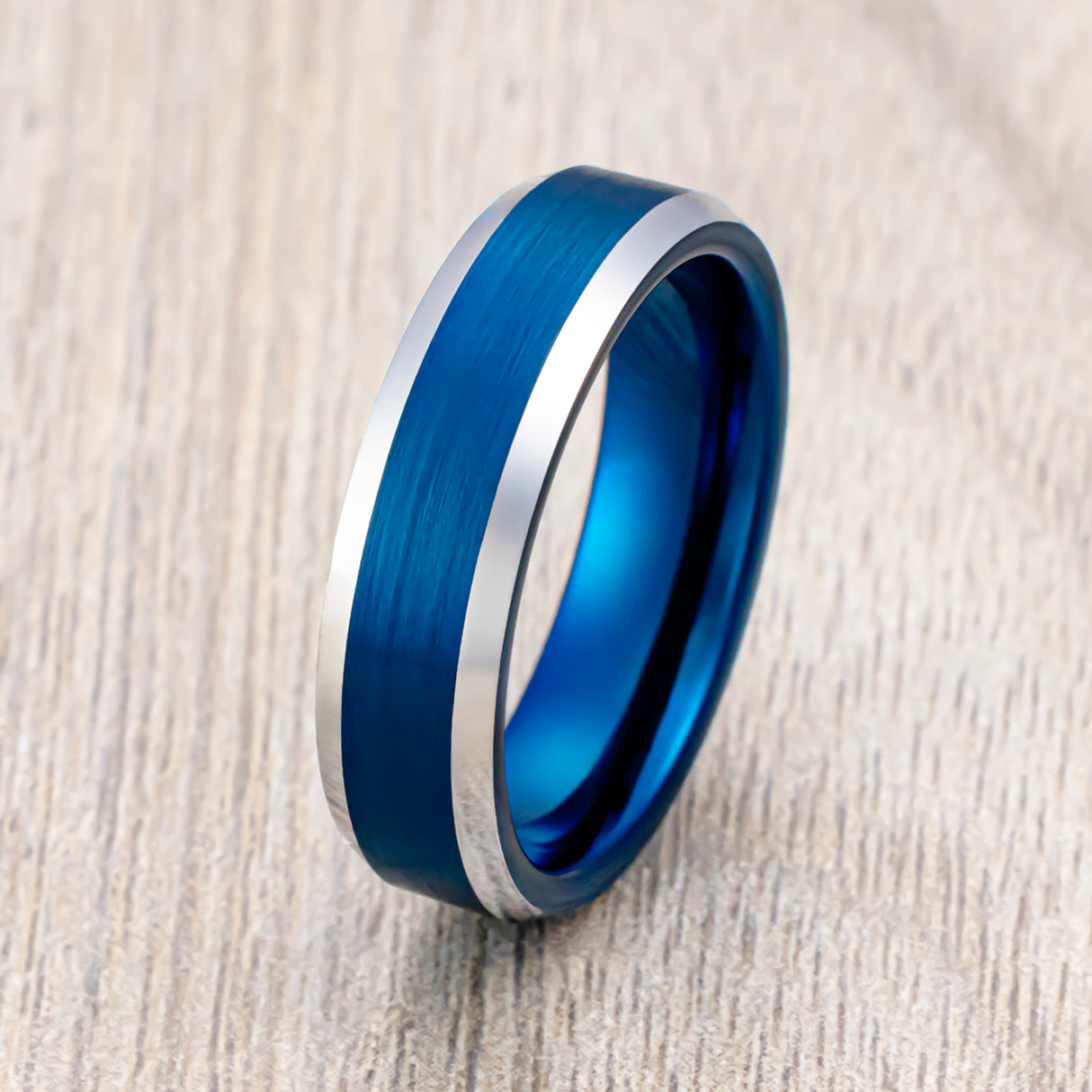 6mm Blue Brushed Tungsten Wedding Band with Polished Edges