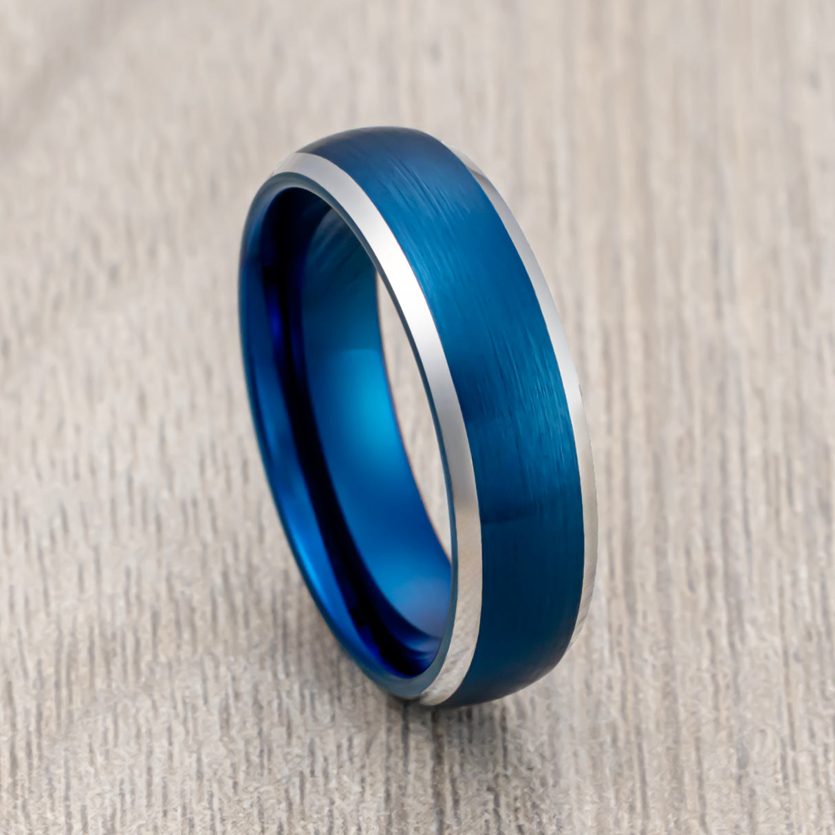 6mm Blue Brushed Dome Tungsten Wedding Band with Polished Edges
