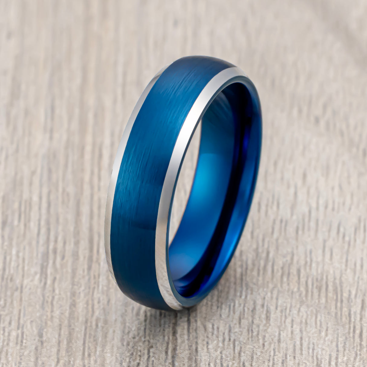 6mm Blue Brushed Dome Tungsten Wedding Band with Polished Edges
