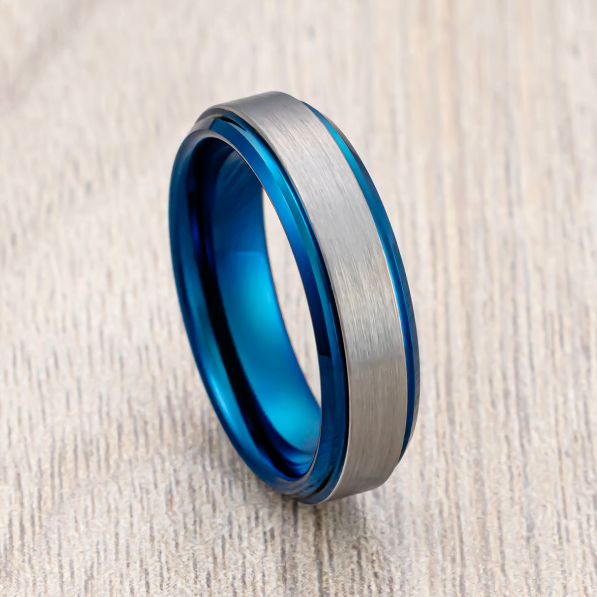 6mm Blue Tungsten Wedding Band Brushed Center W/ Polished Blue Edges