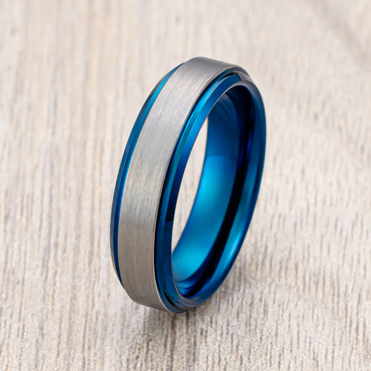 6mm Blue Tungsten Wedding Band Brushed Center W/ Polished Blue Edges