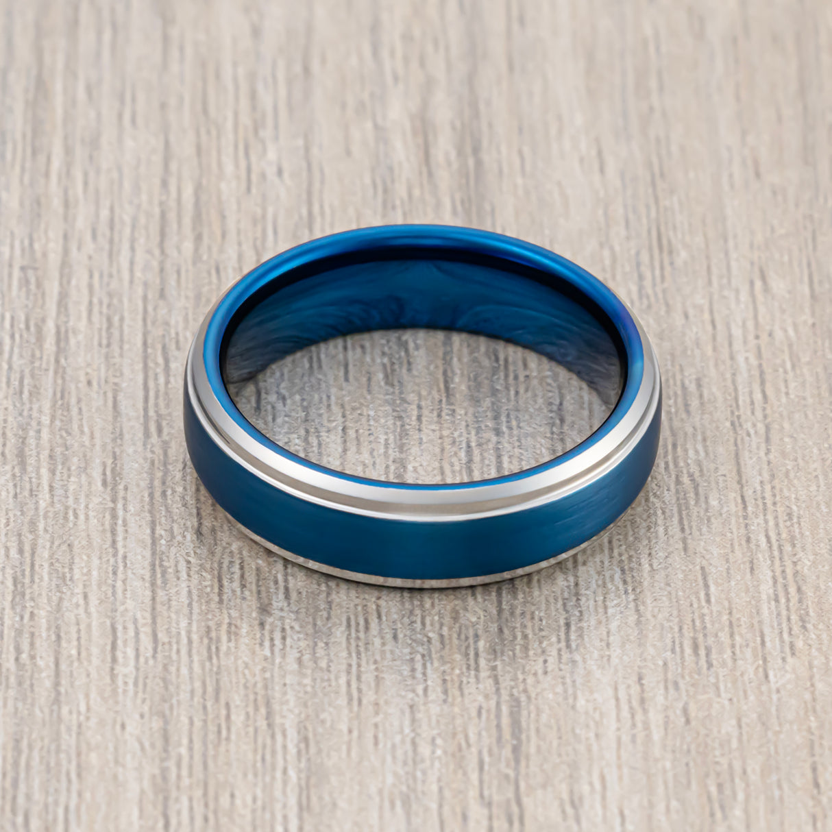 6mm Blue Brushed Tungsten Wedding Band W/ Stepped Edges
