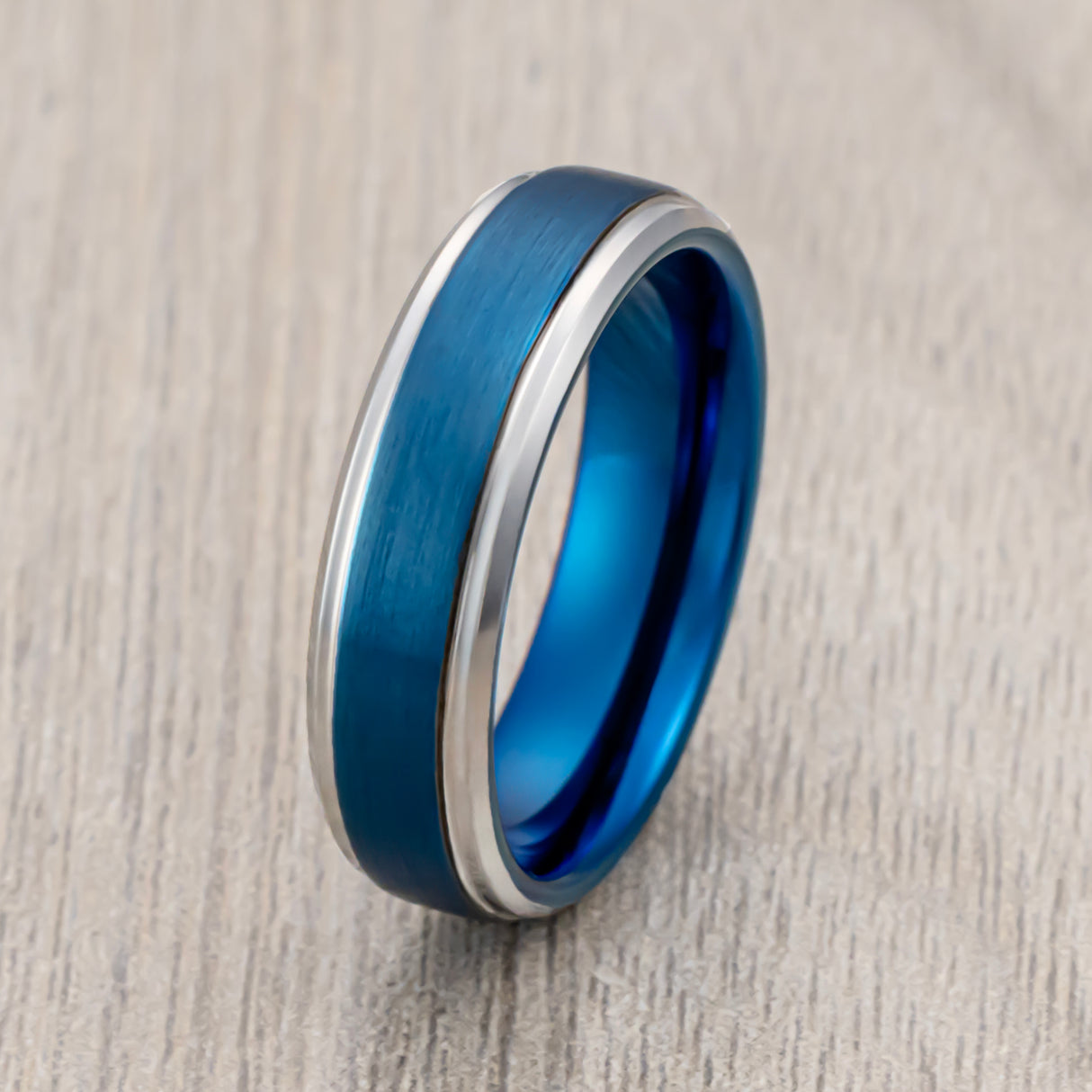 6mm Blue Brushed Tungsten Wedding Band W/ Stepped Edges