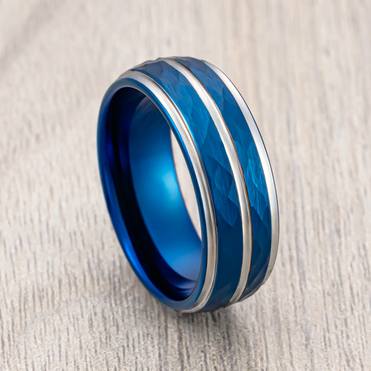 8mm Blue Hammered Tungsten Carbide Wedding Ring Polished Stepped Edges