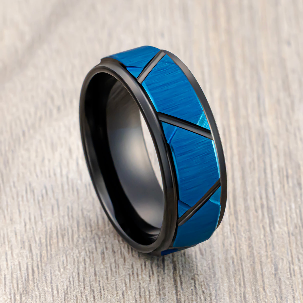 8mm - Black & Blue Tungsten Carbide Trapezoids Stepped Edges Brushed Ring