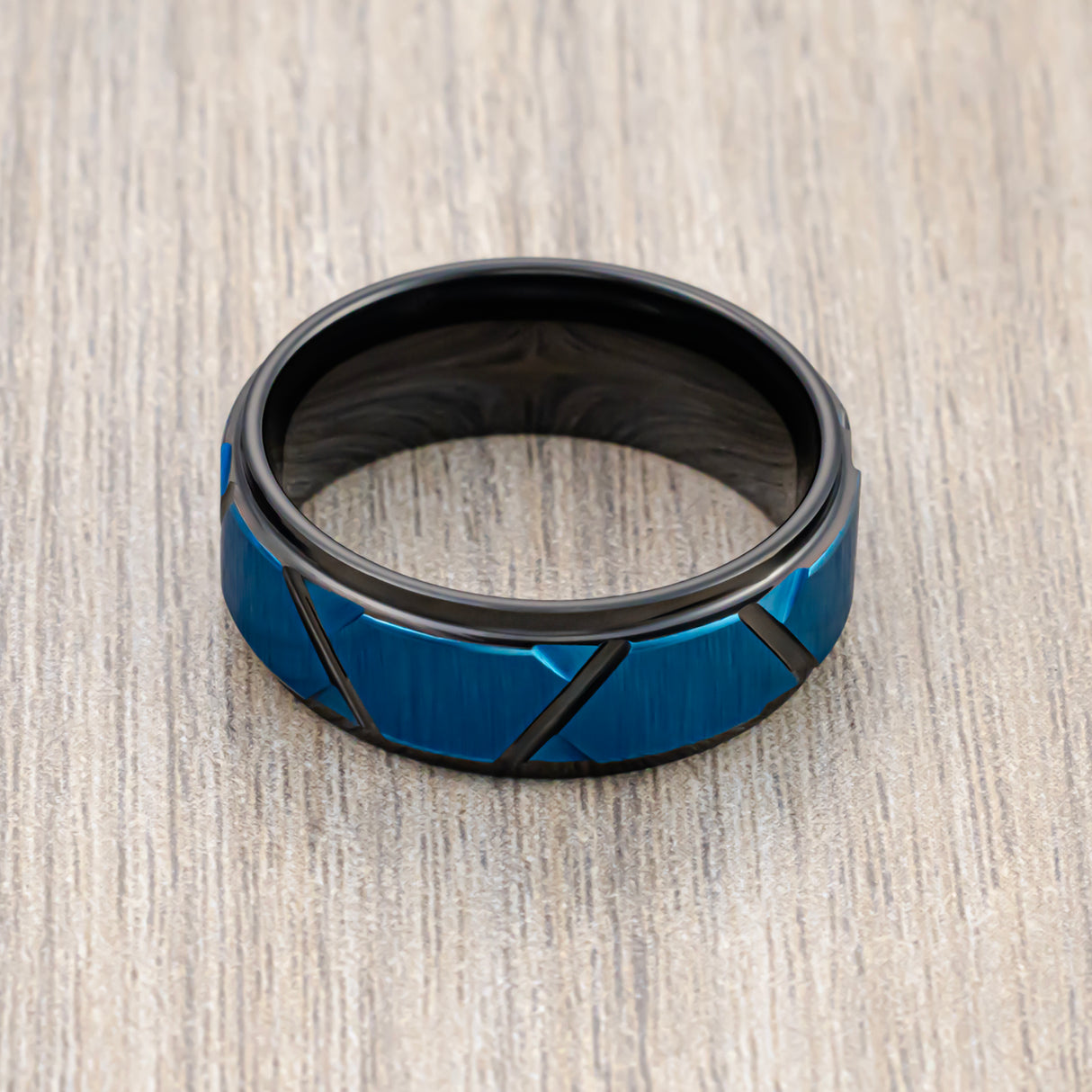 8mm - Black & Blue Tungsten Carbide Trapezoids Stepped Edges Brushed Ring