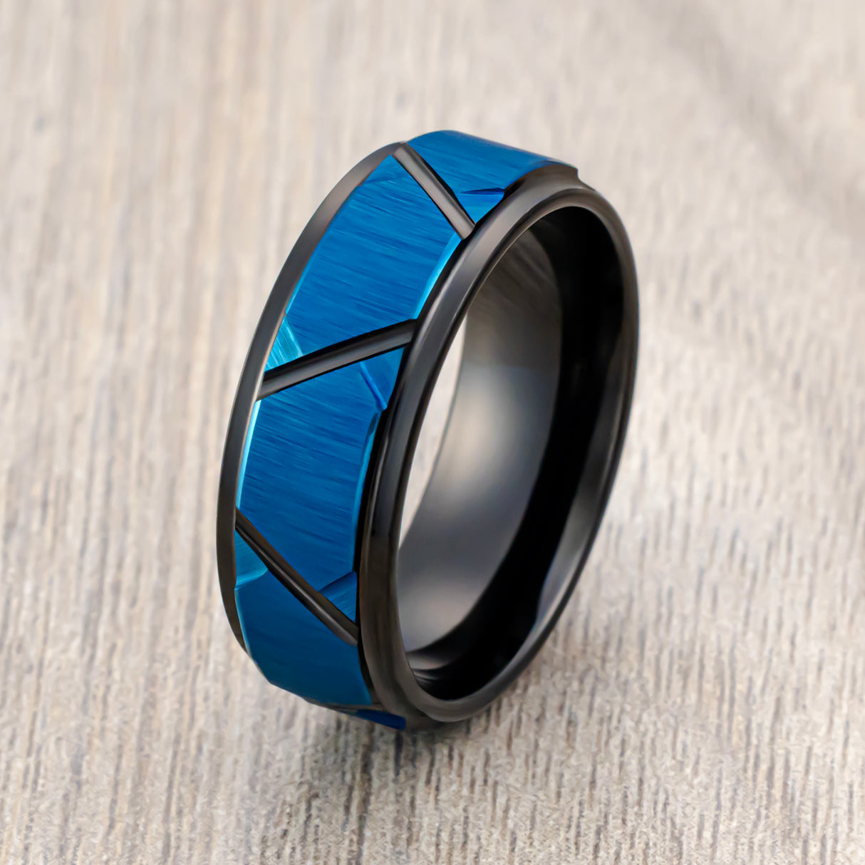 8mm - Black & Blue Tungsten Carbide Trapezoids Stepped Edges Brushed Ring